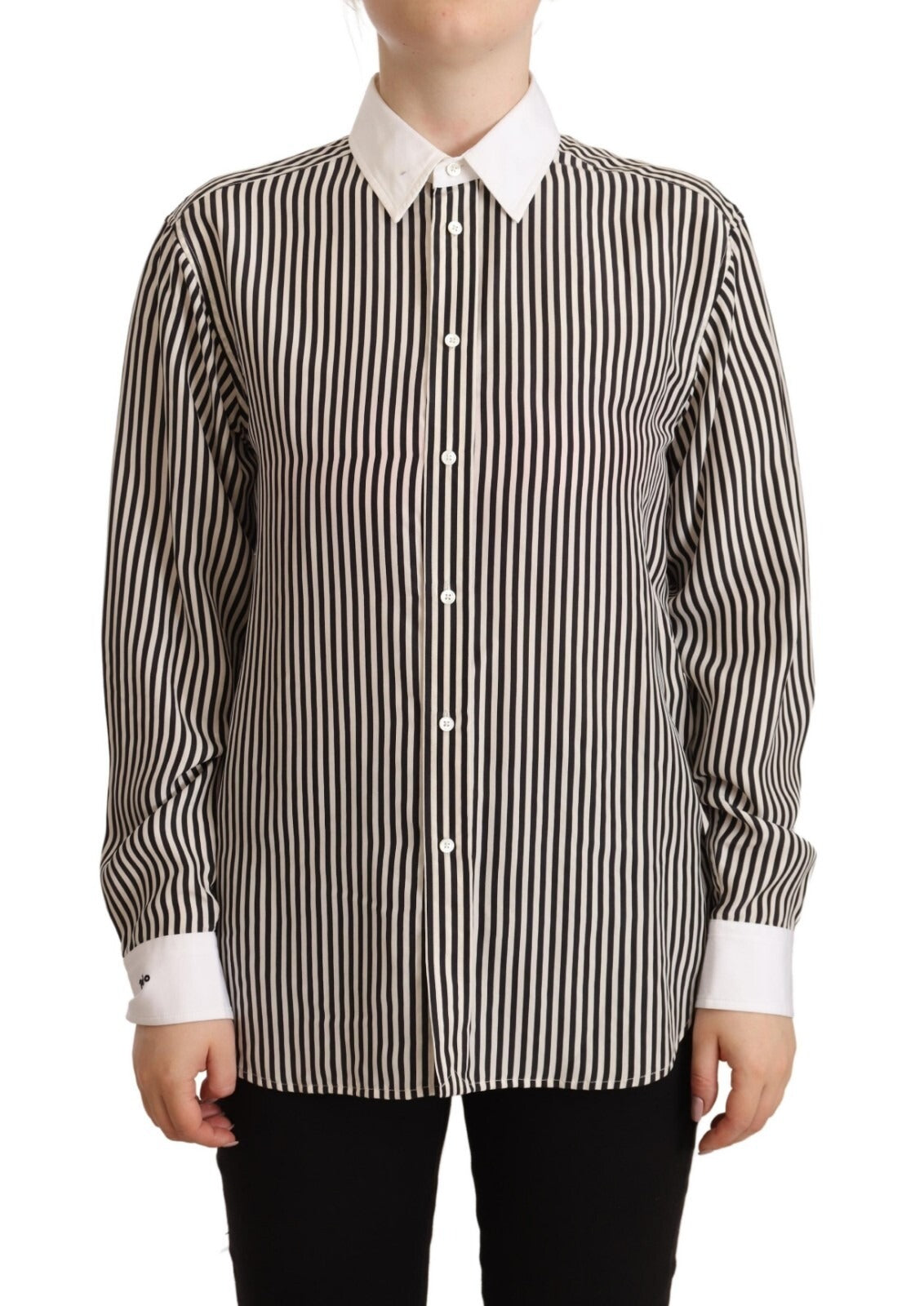 Polo Ralph Lauren Black White Striped Long Sleeves Collared Women's Top (Pre-Owned)