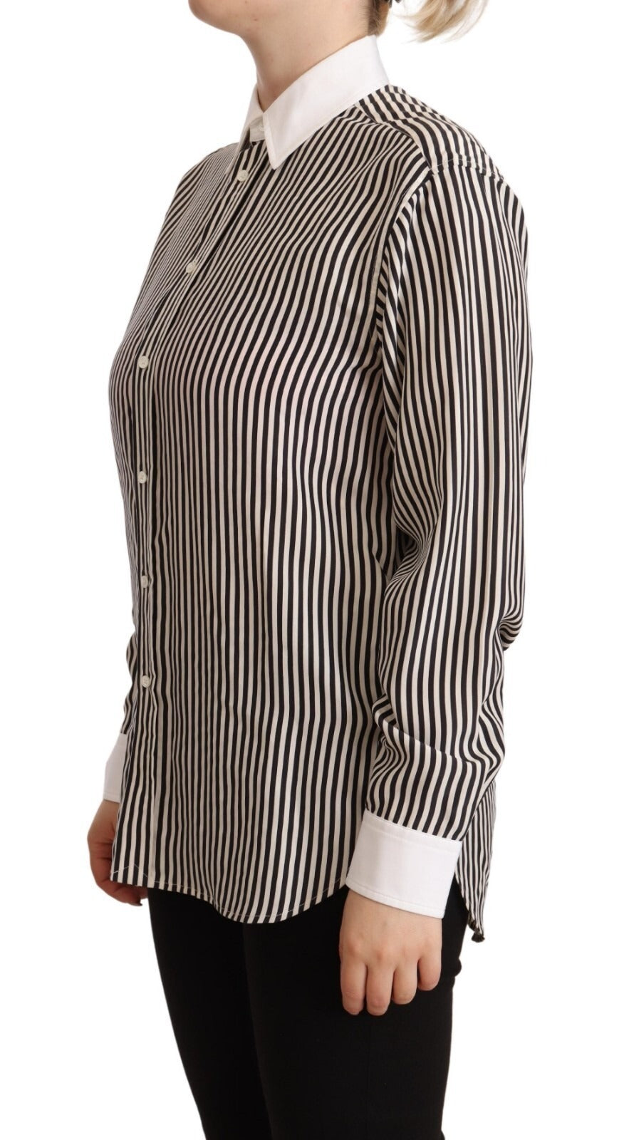 Polo Ralph Lauren Black White Striped Long Sleeves Collared Women's Top (Pre-Owned)