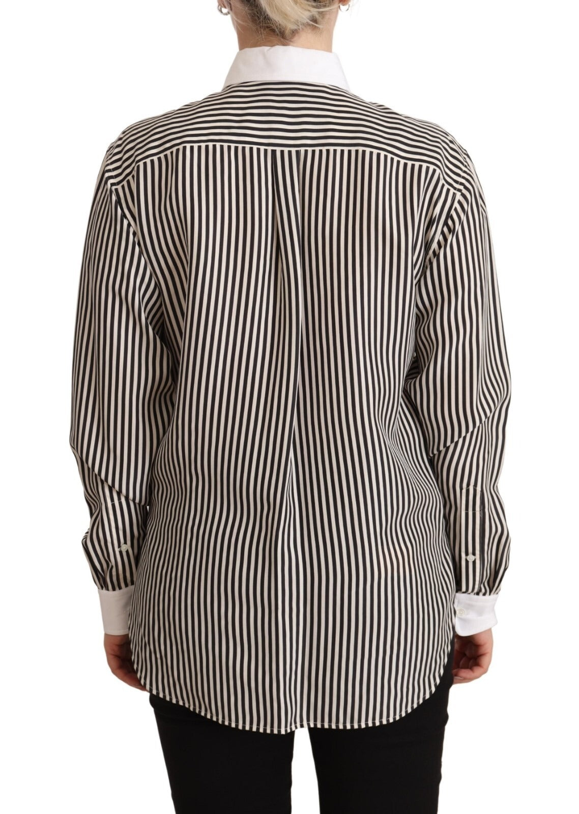Polo Ralph Lauren Black White Striped Long Sleeves Collared Women's Top (Pre-Owned)