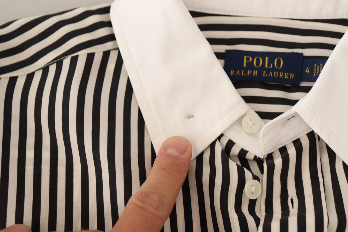 Polo Ralph Lauren Black White Striped Long Sleeves Collared Women's Top (Pre-Owned)