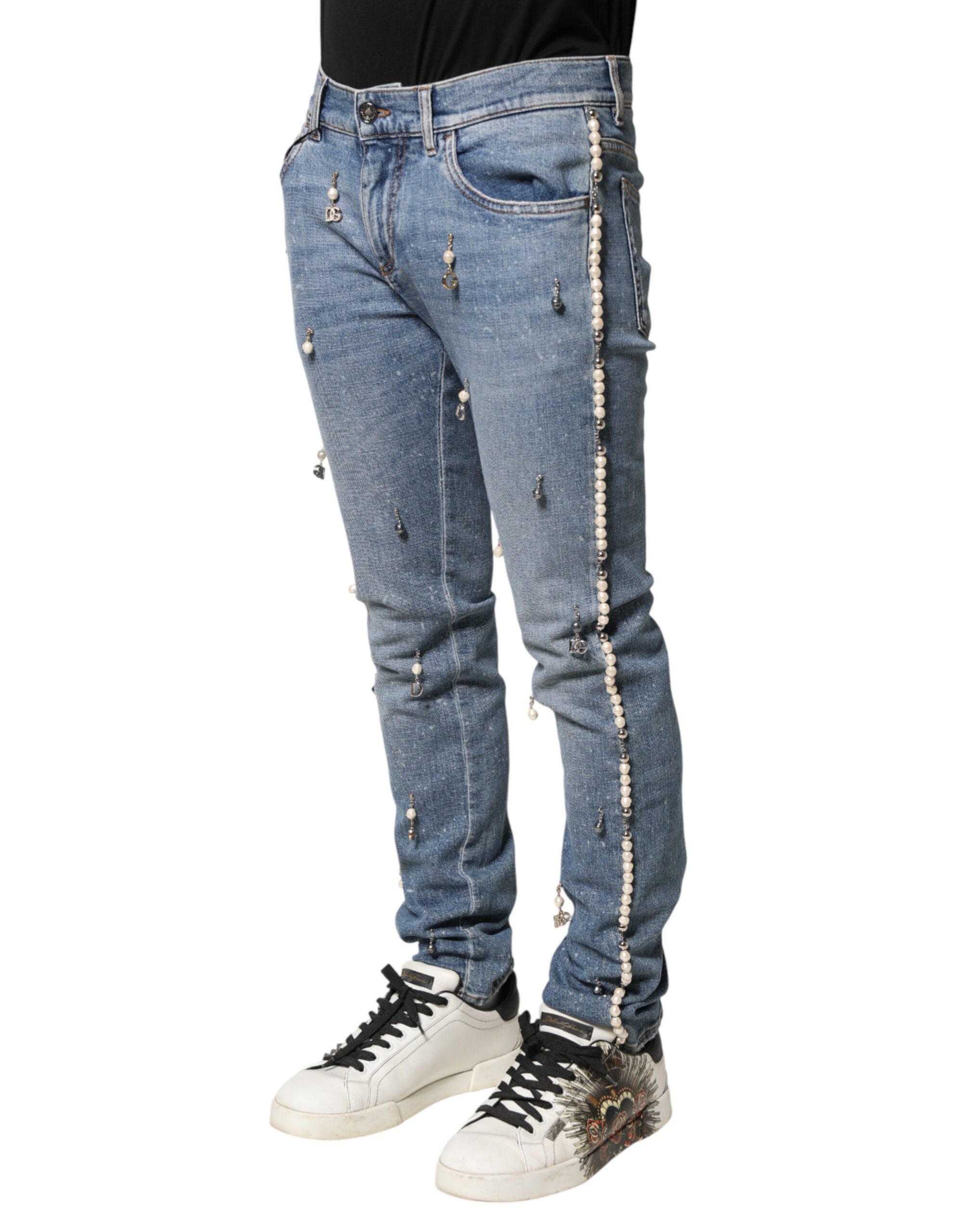 Dolce & Gabbana Blue Embellished Cotton Skinny Denim Men's Jeans