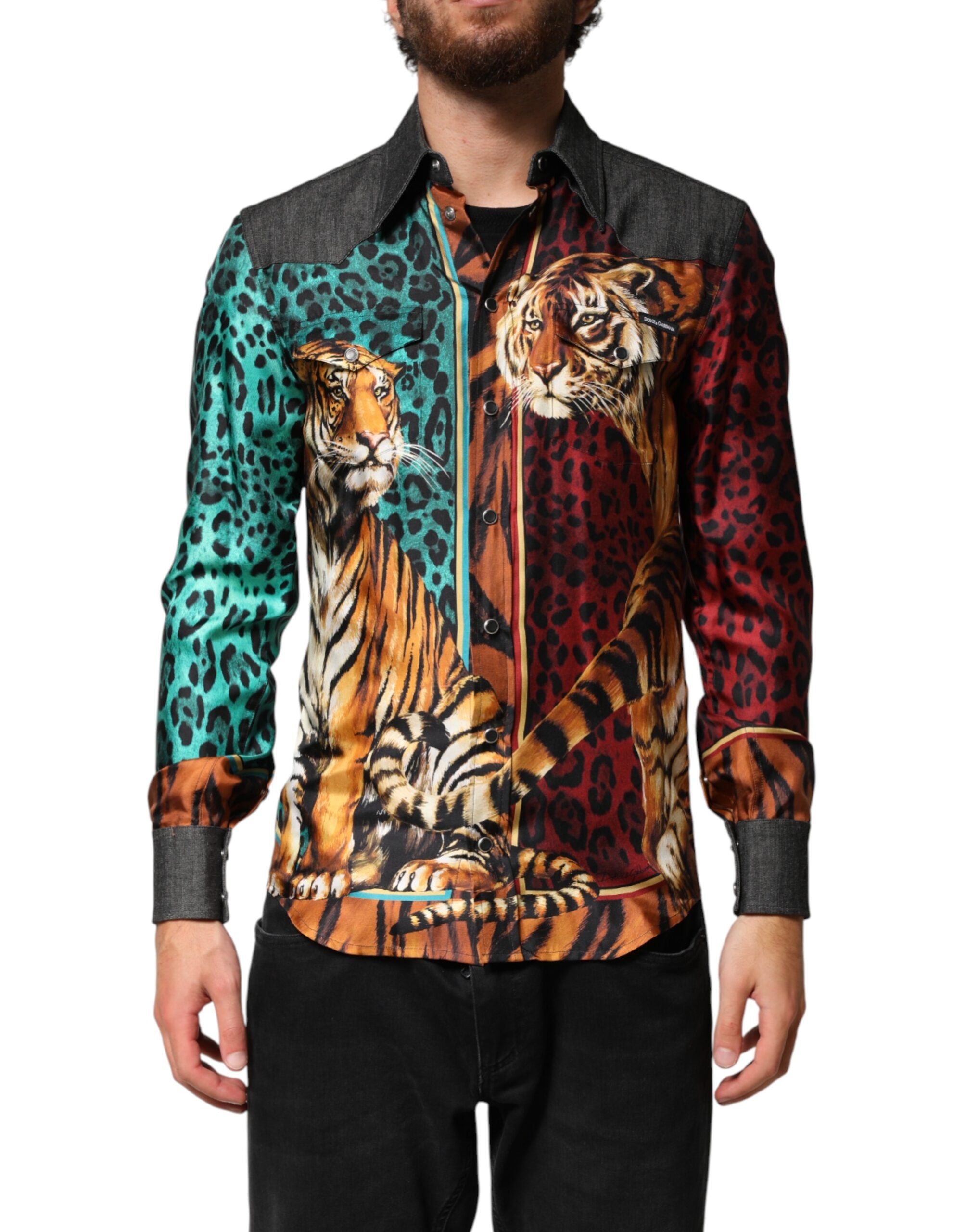 Dolce & Gabbana Multicolor Tiger Leopard Print Silk Men Men's Shirt