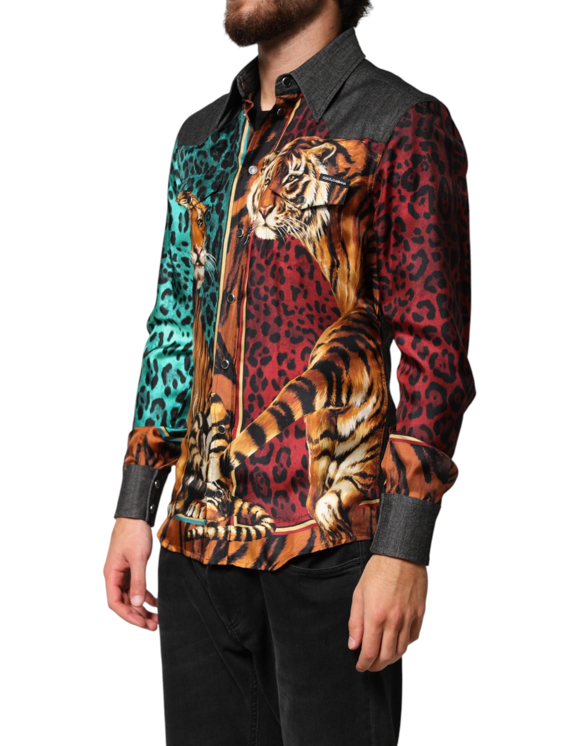 Dolce & Gabbana Multicolor Tiger Leopard Print Silk Men Men's Shirt