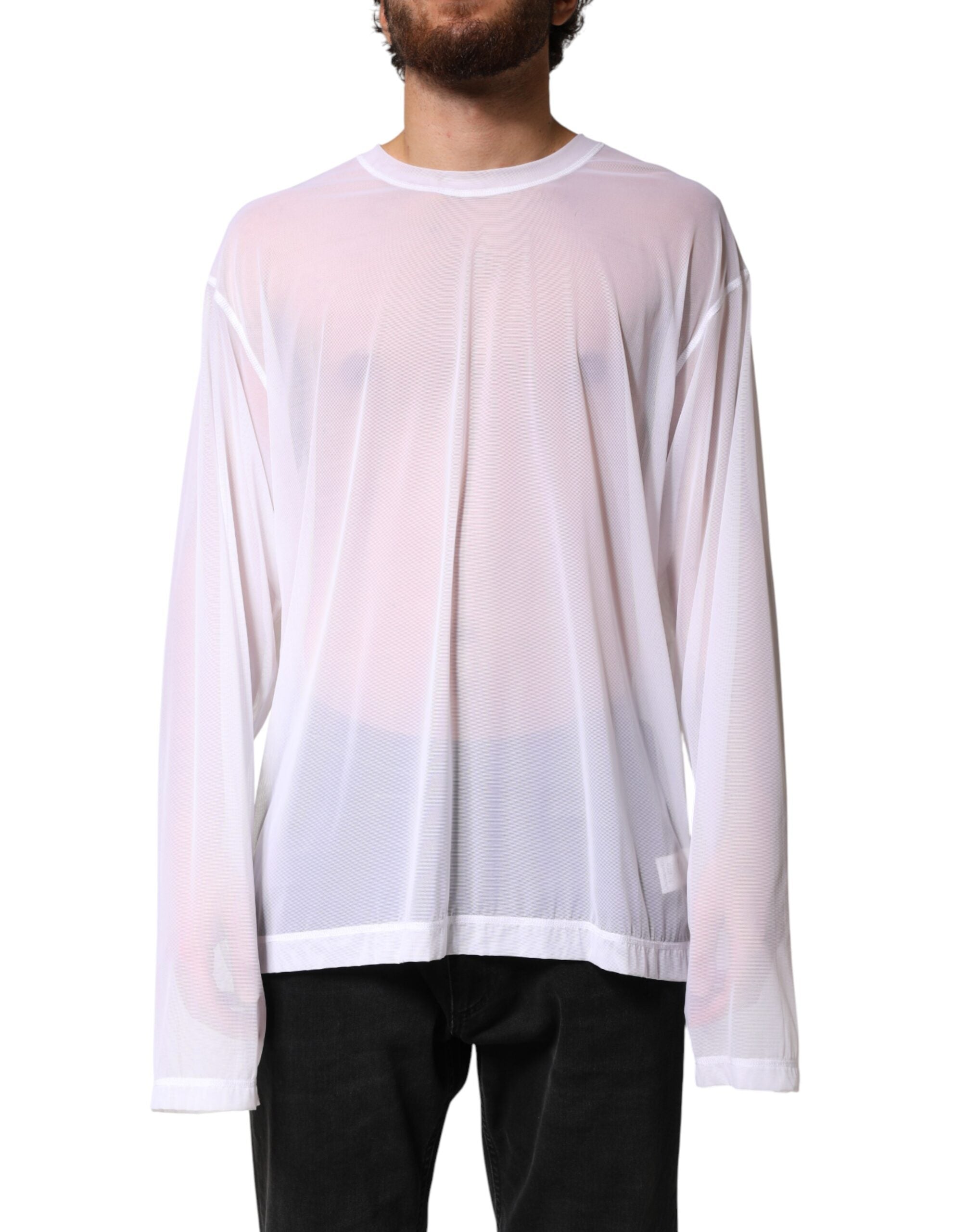 Dolce & Gabbana White Nylon Long Sleeves Crewneck Men's T-Shirt