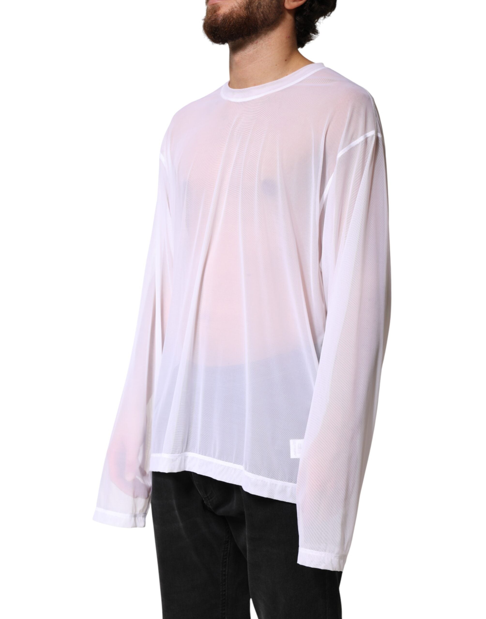 Dolce & Gabbana White Nylon Long Sleeves Crewneck Men's T-Shirt