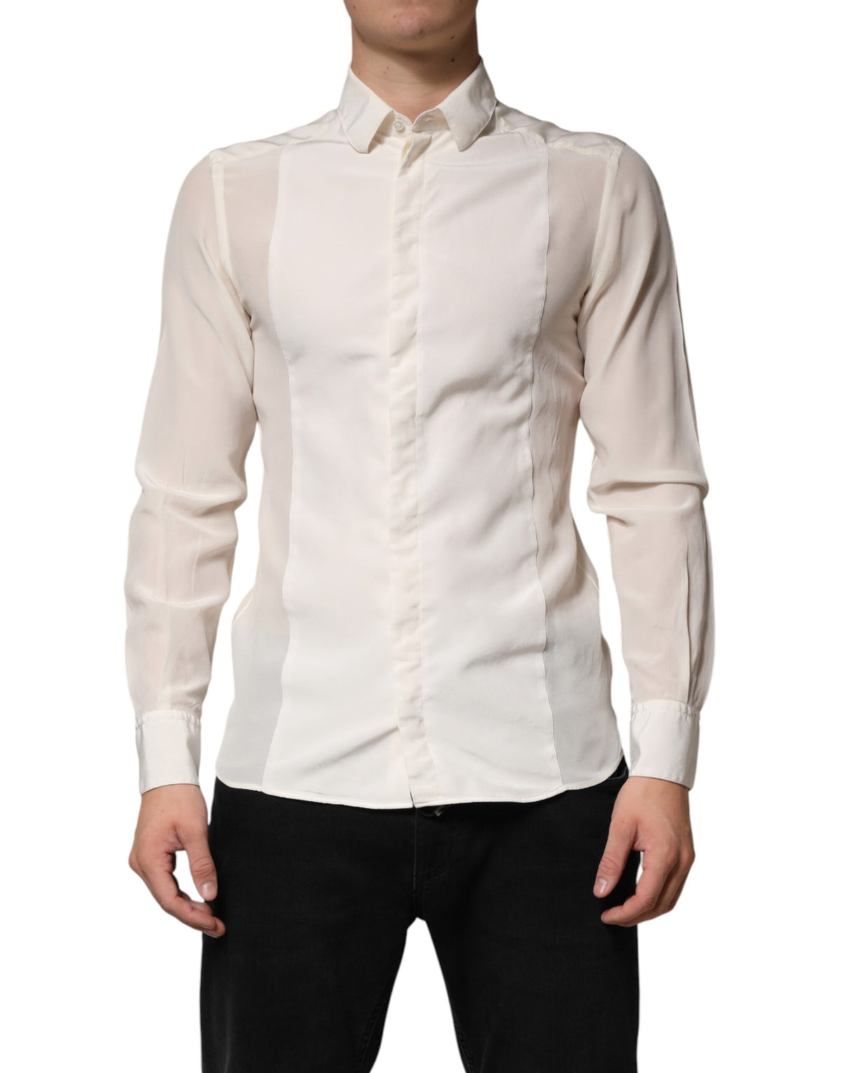Dolce & Gabbana Off White Silk Men GOLD Dress Formal Men's Shirt (Pre-Owned)