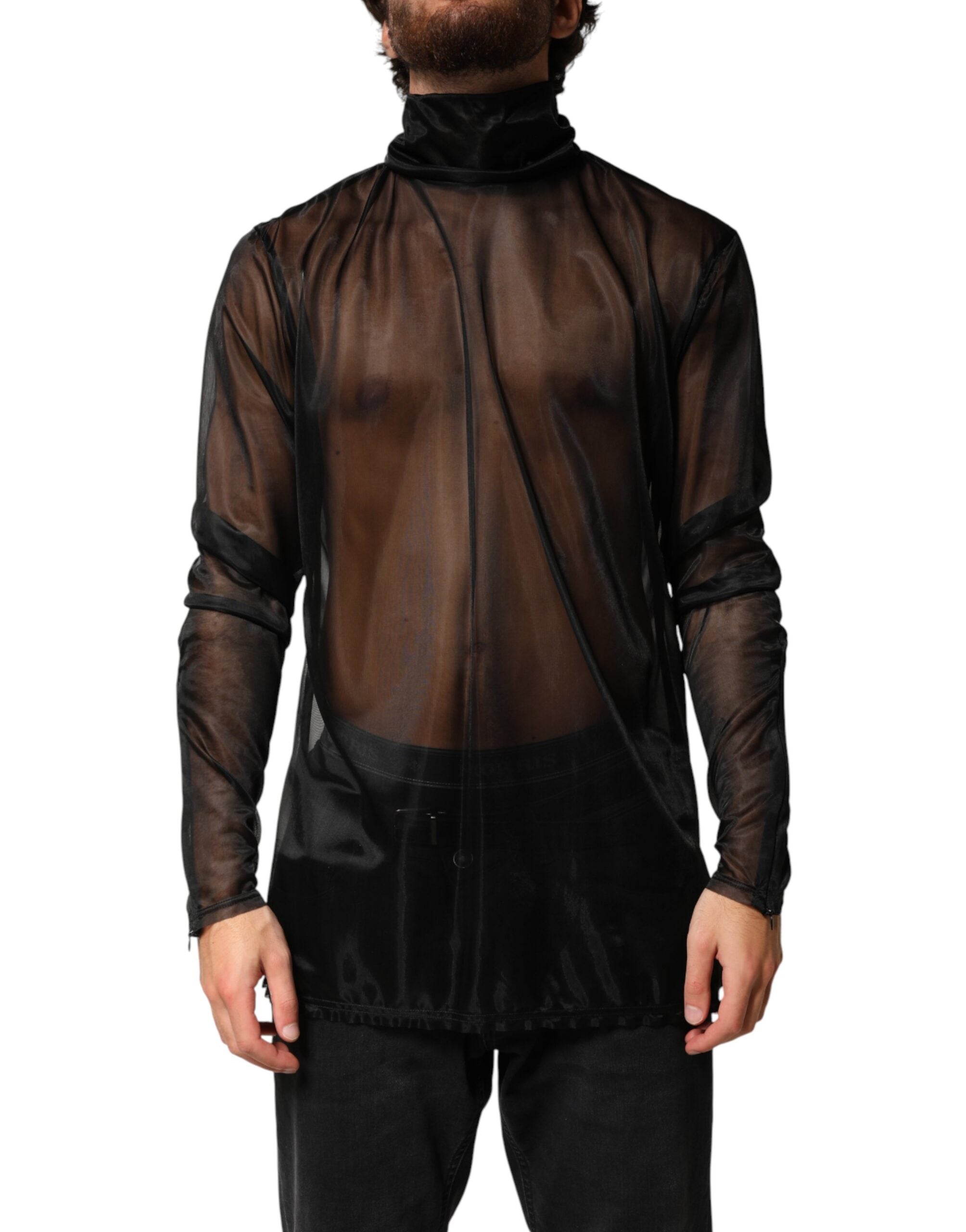 Dolce & Gabbana Black Sheer Long Sleeves Turtleneck Men's Top