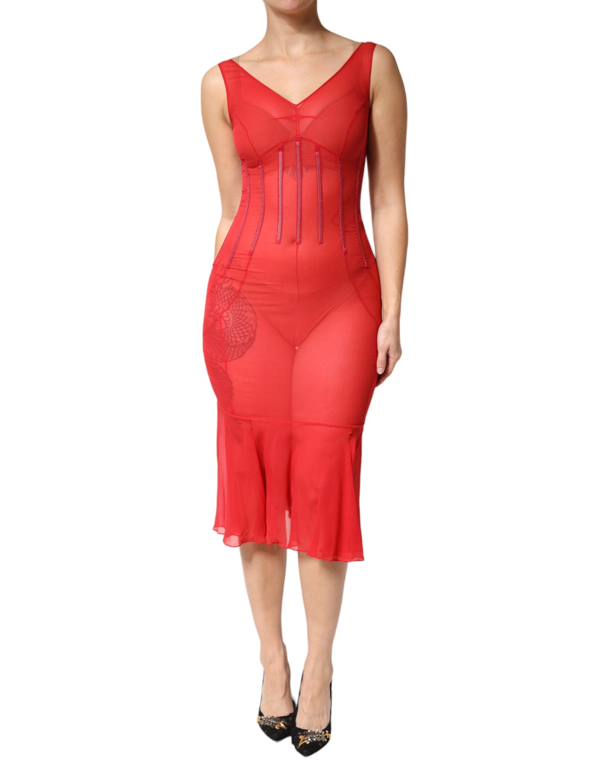 Dolce & Gabbana Red Silk Sleeveless Sheath V-neck Midi Women's Dress (Pre-Owned)