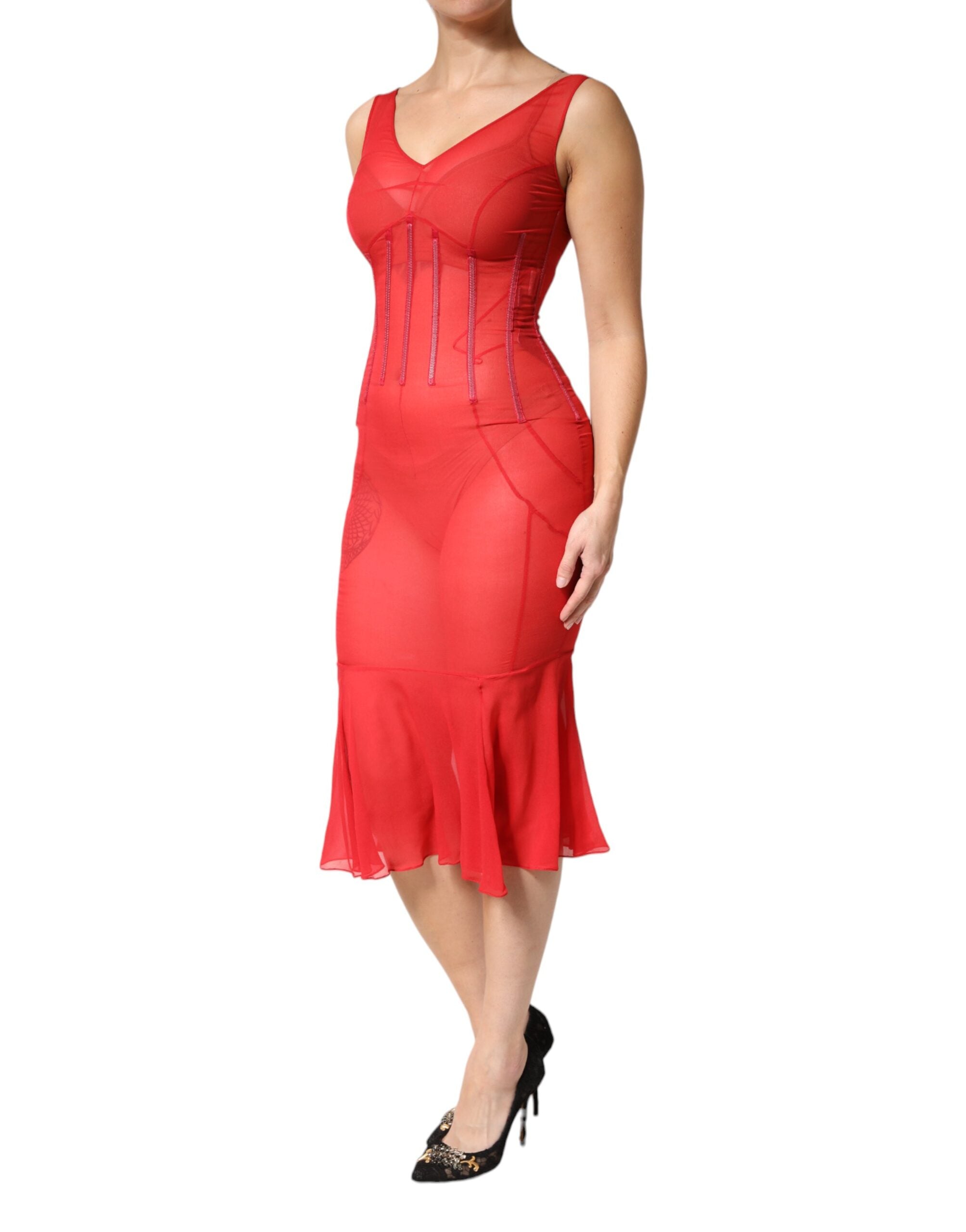 Dolce & Gabbana Red Silk Sleeveless Sheath V-neck Midi Women's Dress (Pre-Owned)