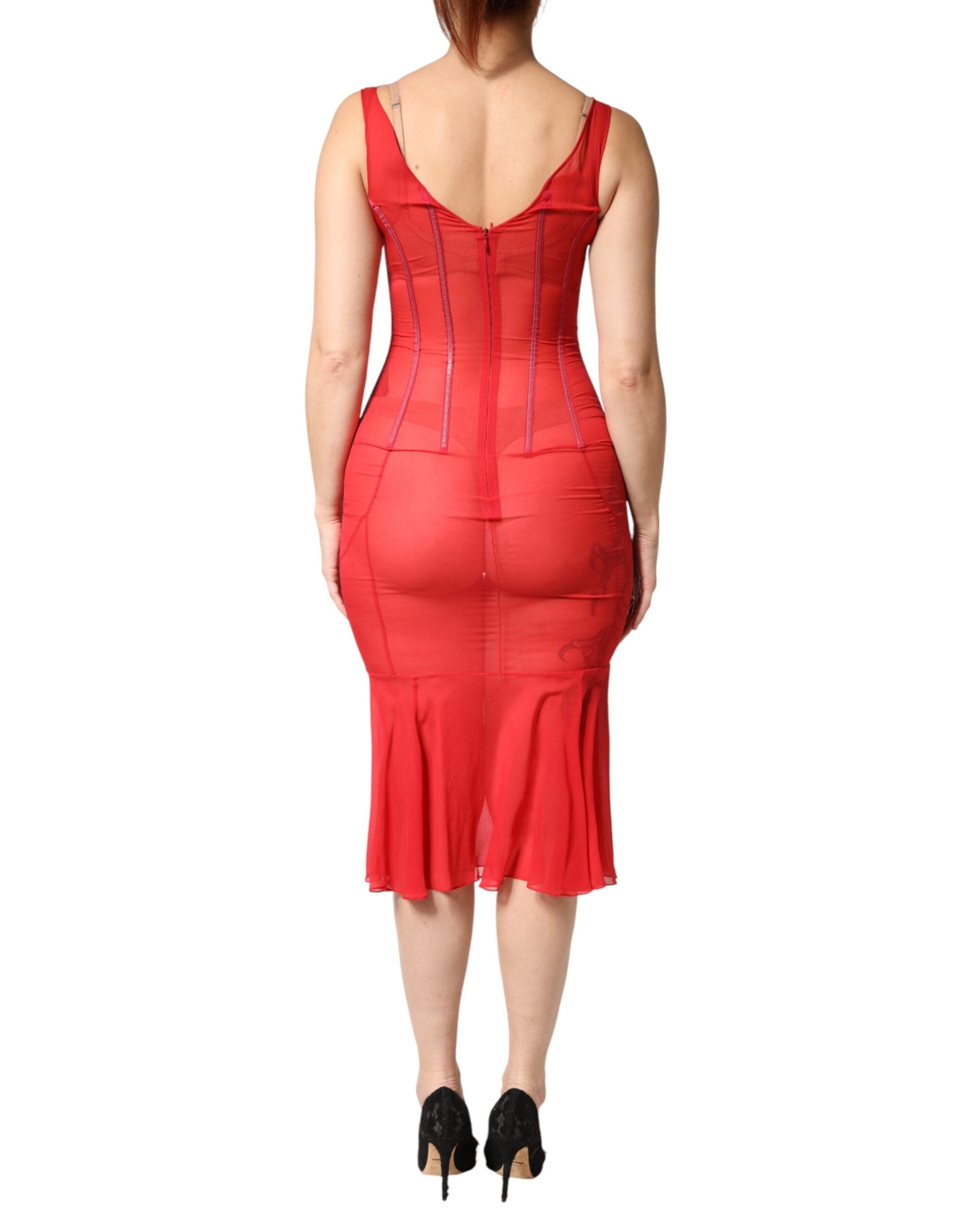 Dolce & Gabbana Red Silk Sleeveless Sheath V-neck Midi Women's Dress (Pre-Owned)