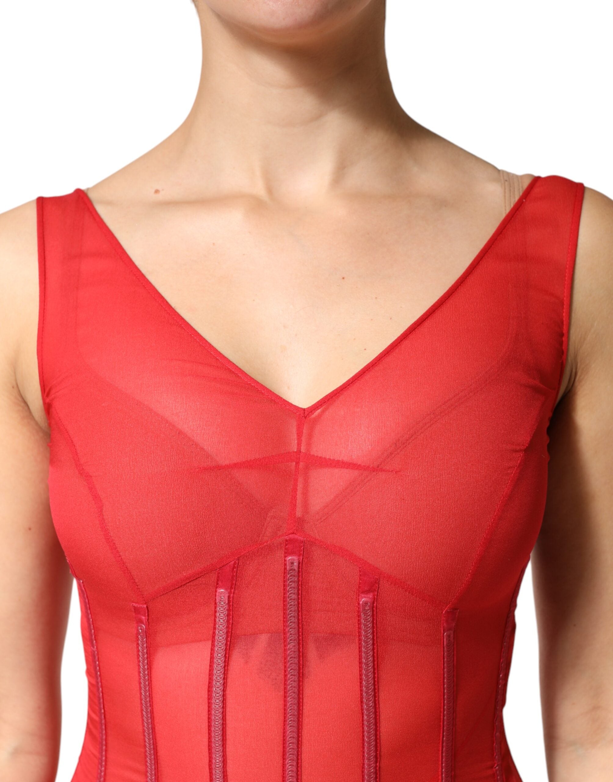 Dolce & Gabbana Red Silk Sleeveless Sheath V-neck Midi Women's Dress (Pre-Owned)