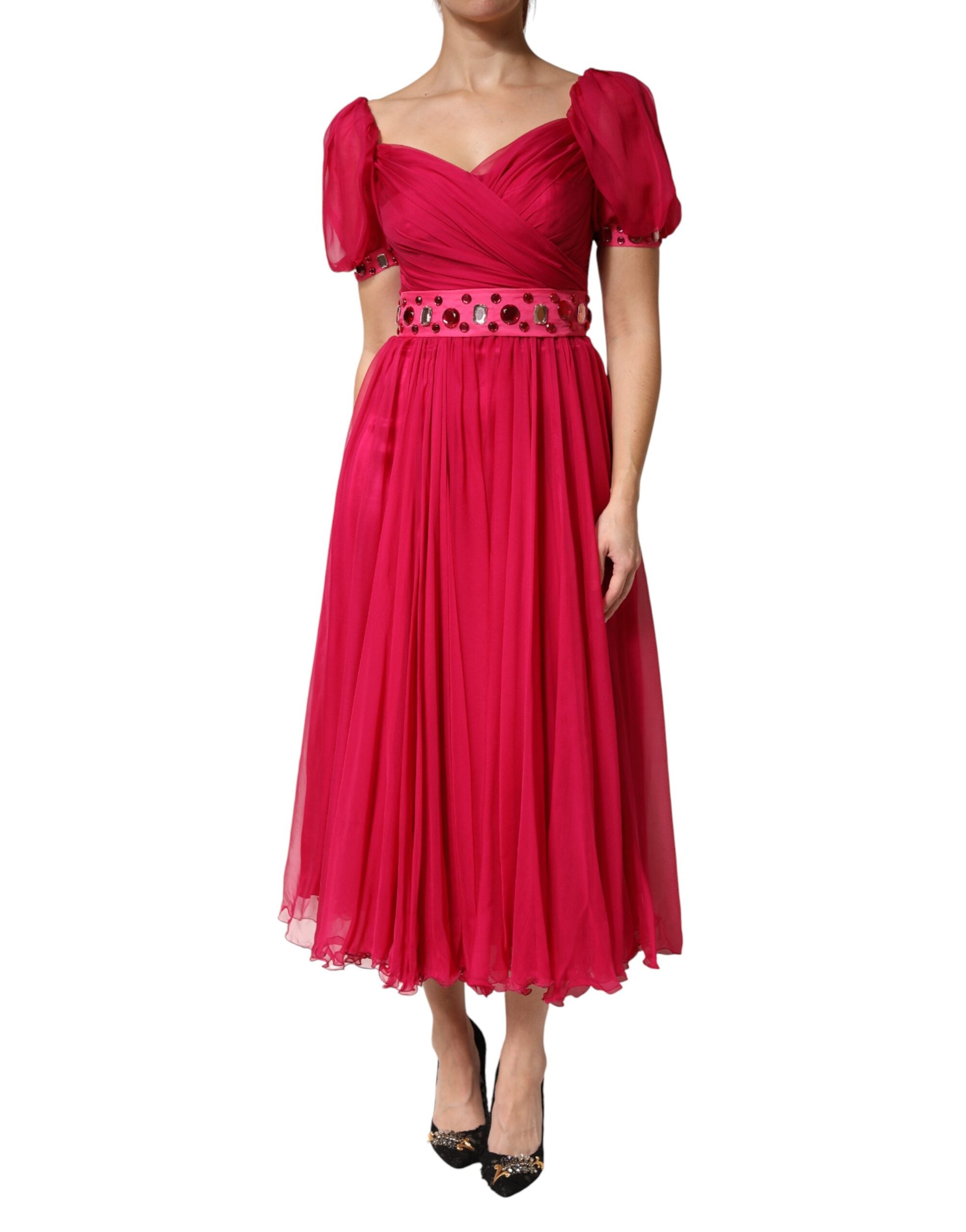 Dolce & Gabbana Pink Silk Embellished A-line Midi Women's Dress (Pre-Owned)