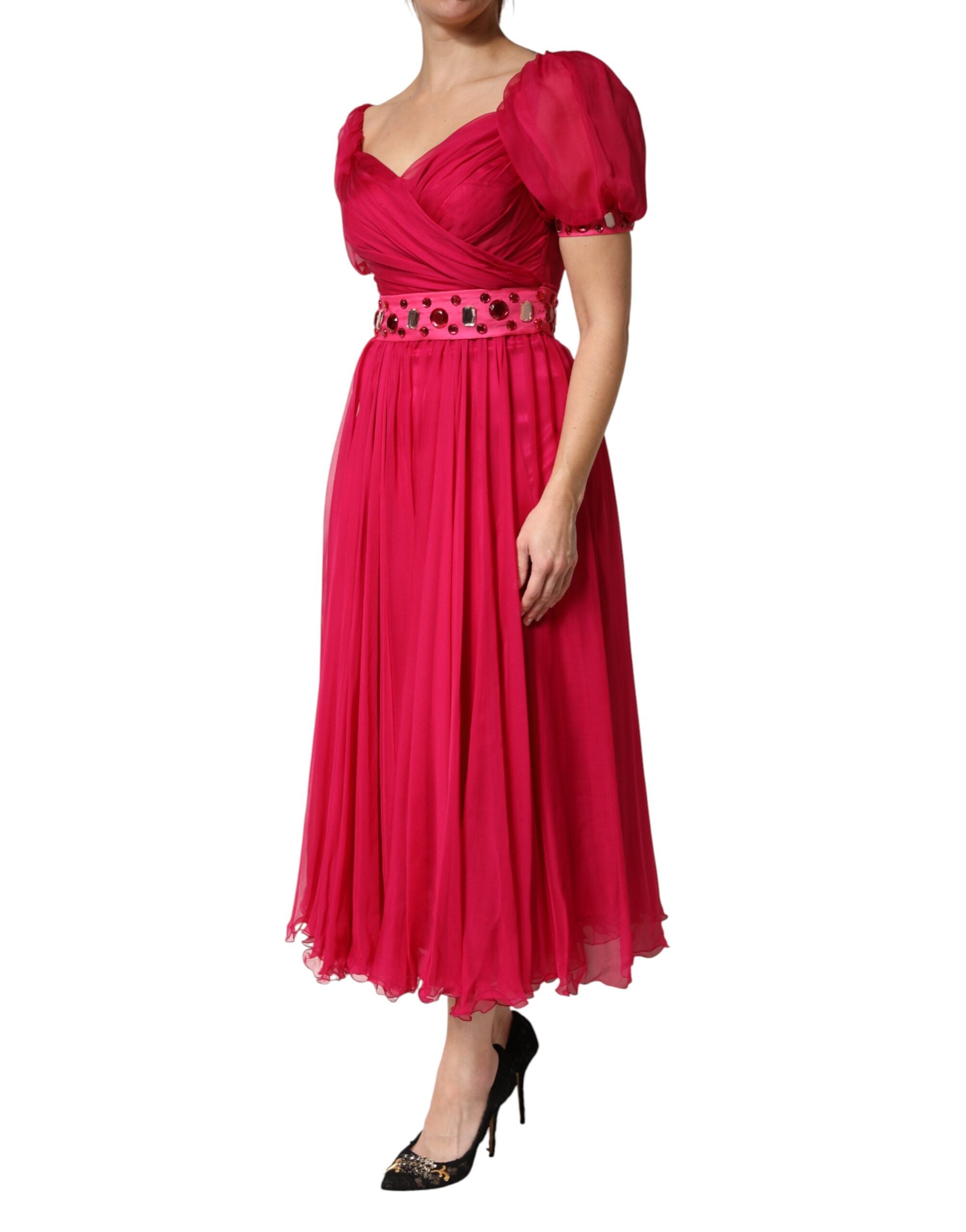 Dolce & Gabbana Pink Silk Embellished A-line Midi Women's Dress (Pre-Owned)