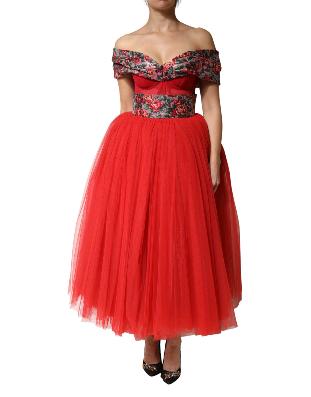 Dolce & Gabbana Red Floral Off Shoulder A-line Gown Women's Dress