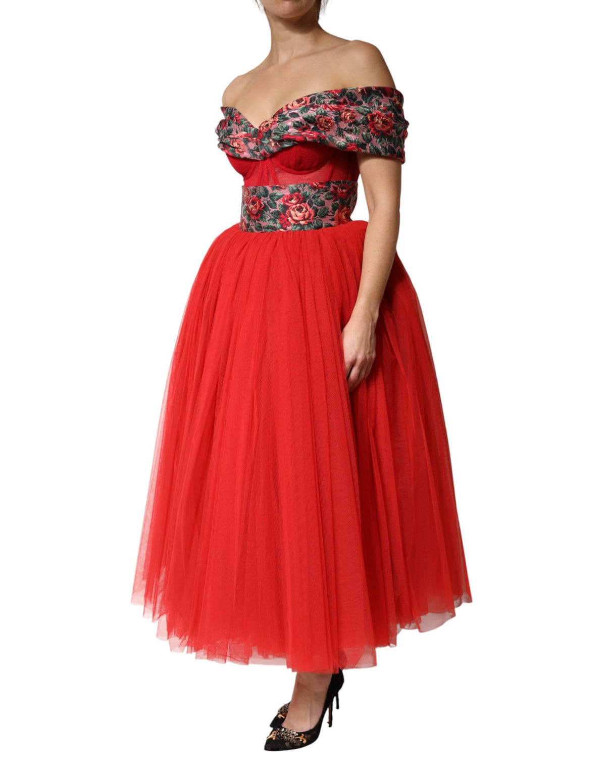 Dolce & Gabbana Red Floral Off Shoulder A-line Gown Women's Dress
