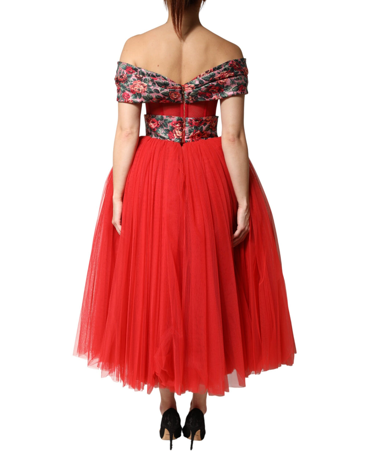 Dolce & Gabbana Red Floral Off Shoulder A-line Gown Women's Dress