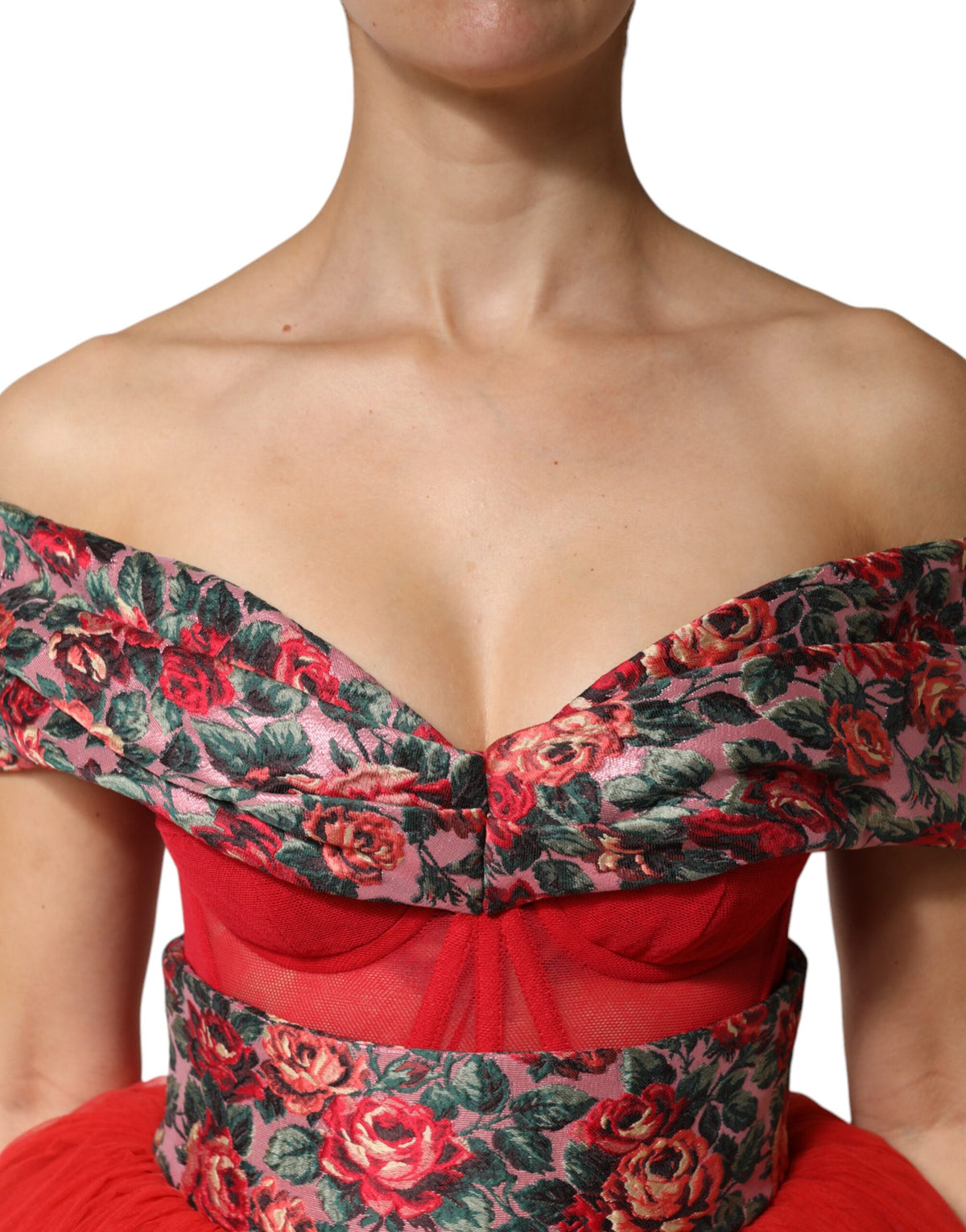 Dolce & Gabbana Red Floral Off Shoulder A-line Gown Women's Dress