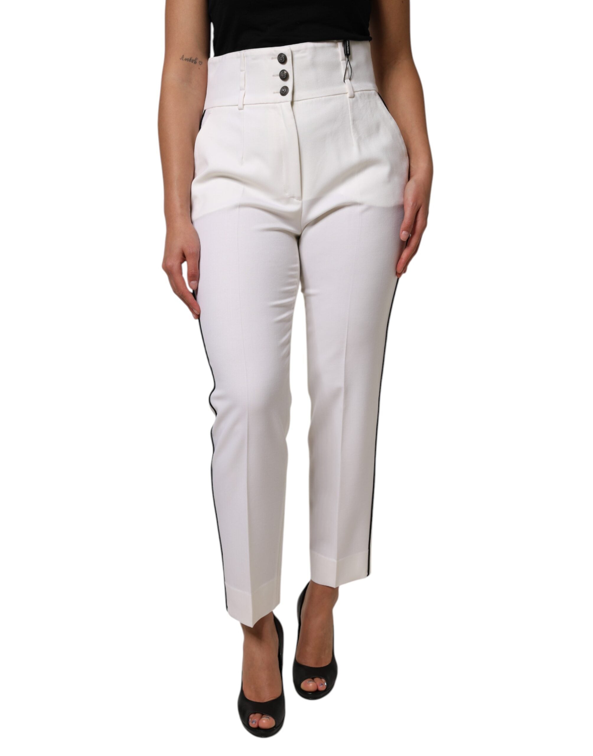 Dolce & Gabbana White Wool High Waist Tapered Trouser Women's Pants (Pre-Owned)