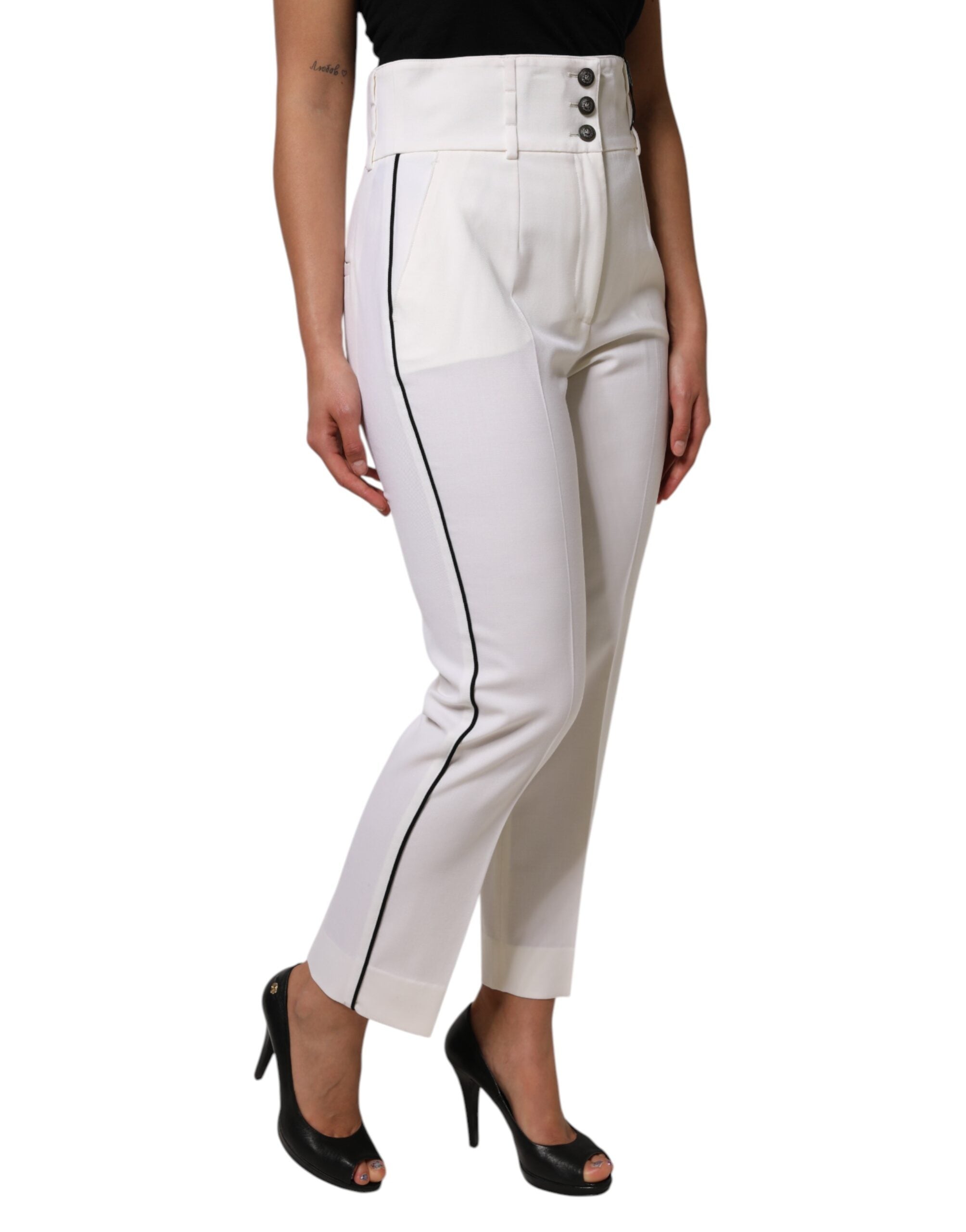 Dolce & Gabbana White Wool High Waist Tapered Trouser Women's Pants (Pre-Owned)