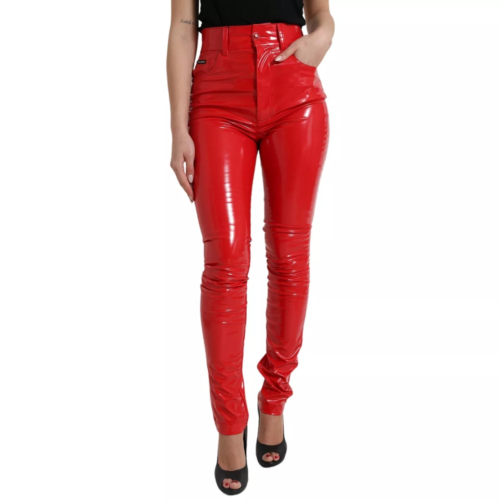 Dolce & Gabbana Shiny Red High Waist Skinny Trouser Women's Pants (Pre-Owned)