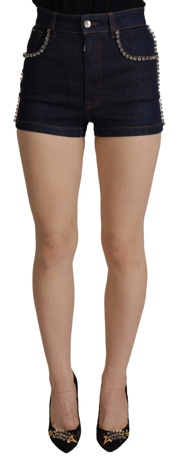 Dolce & Gabbana Blue Denim Stretch Crystal Hot Pants Women's Shorts (Pre-Owned)
