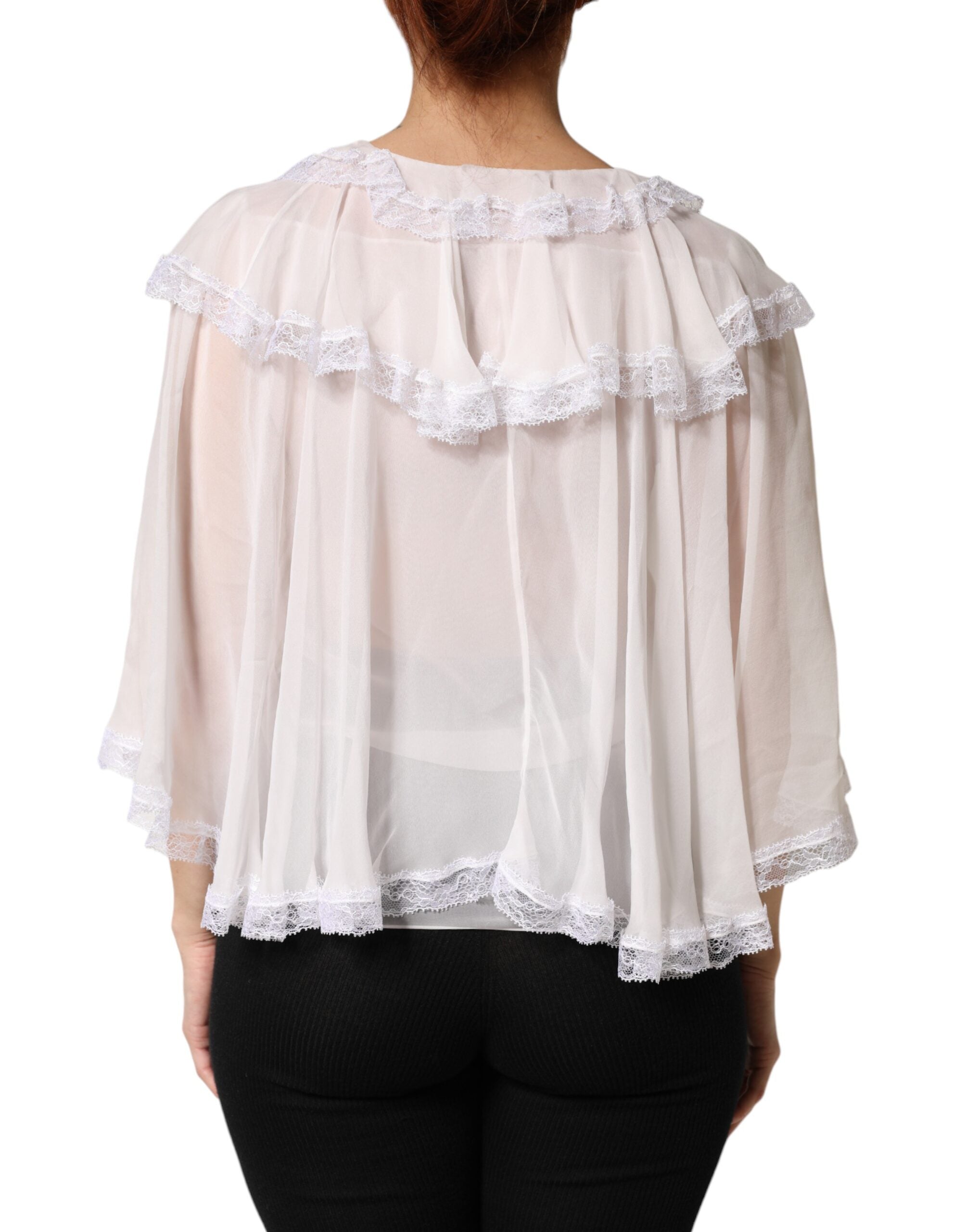 Dolce & Gabbana White Ruffles Lace Long Sleeve Blouse Women's Top (Pre-Owned)