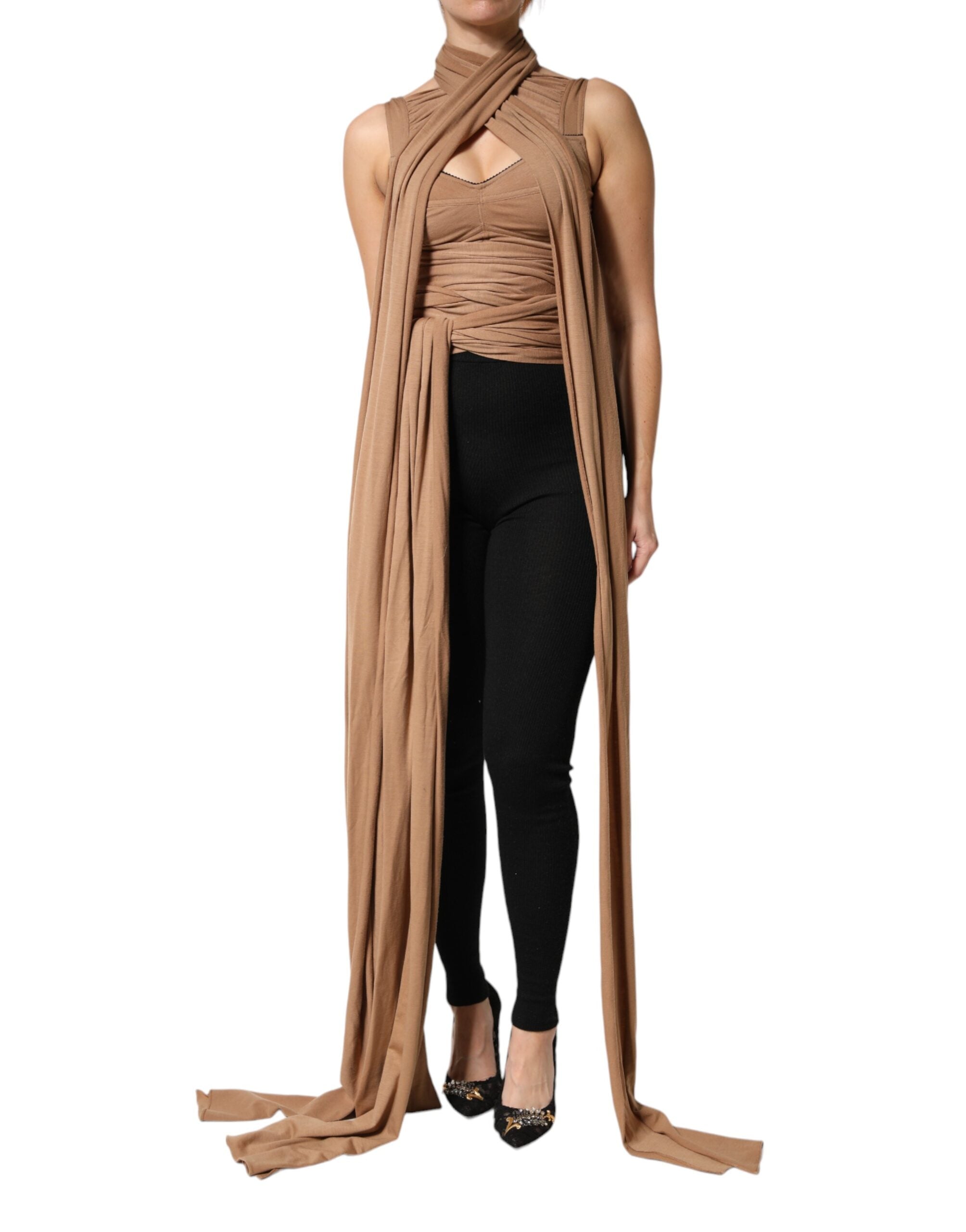 Dolce & Gabbana Brown Virgin Wool Sleeveless Scarf Tank Women's Top