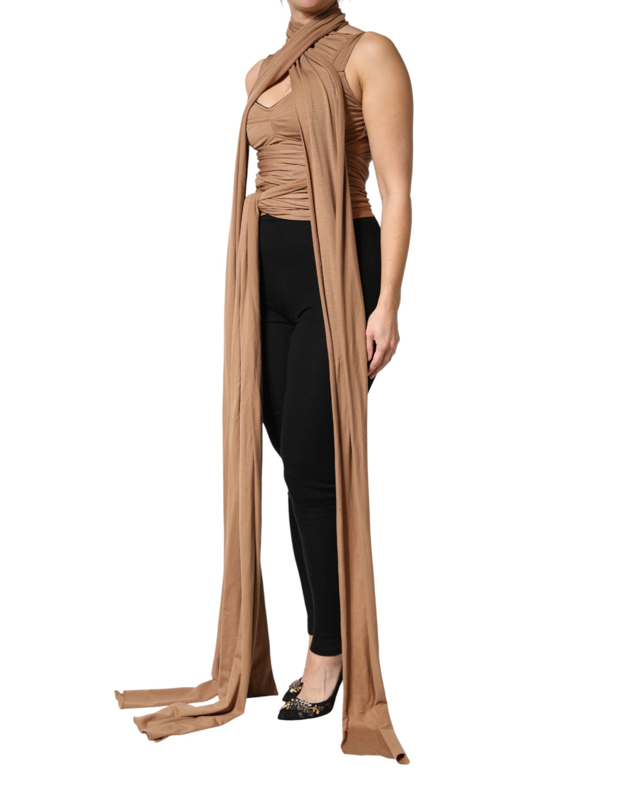 Dolce & Gabbana Brown Virgin Wool Sleeveless Scarf Tank Women's Top