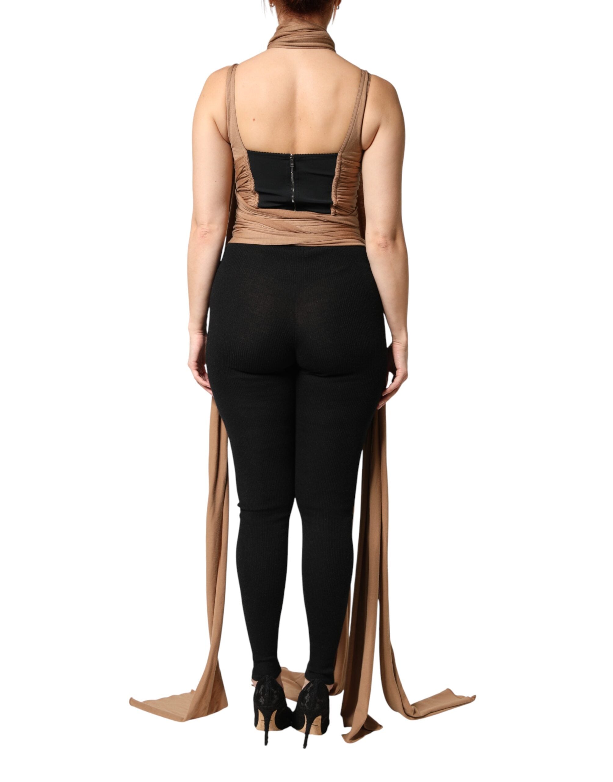 Dolce & Gabbana Brown Virgin Wool Sleeveless Scarf Tank Women's Top