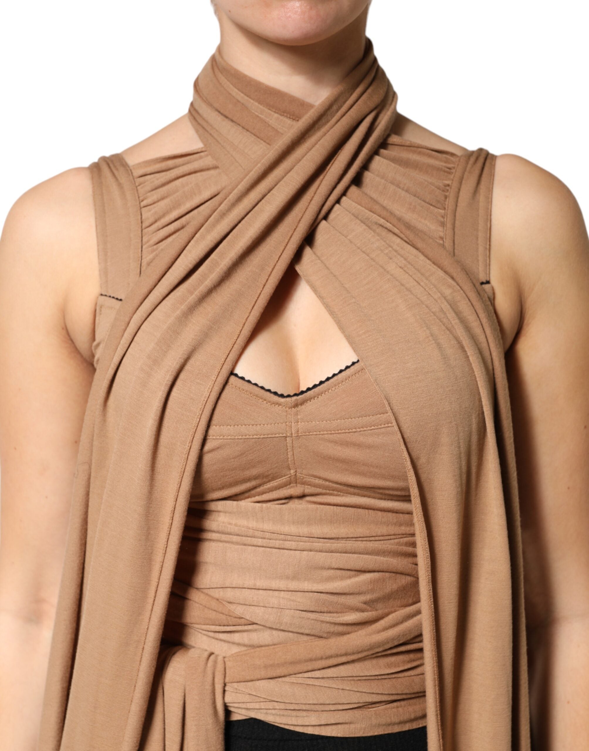 Dolce & Gabbana Brown Virgin Wool Sleeveless Scarf Tank Women's Top