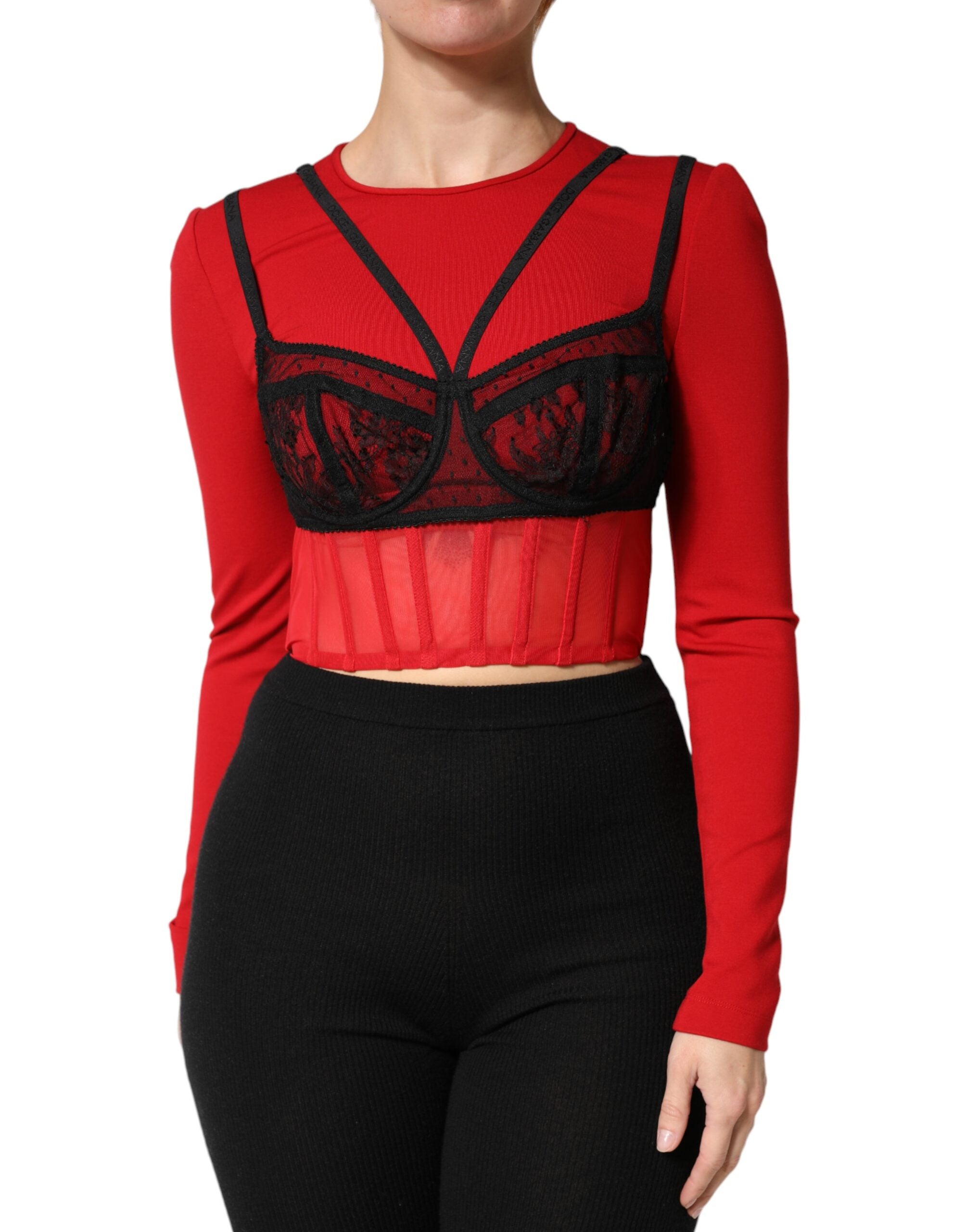 Dolce & Gabbana Red Black Nylon Bralette-Style Cropped Women's Top