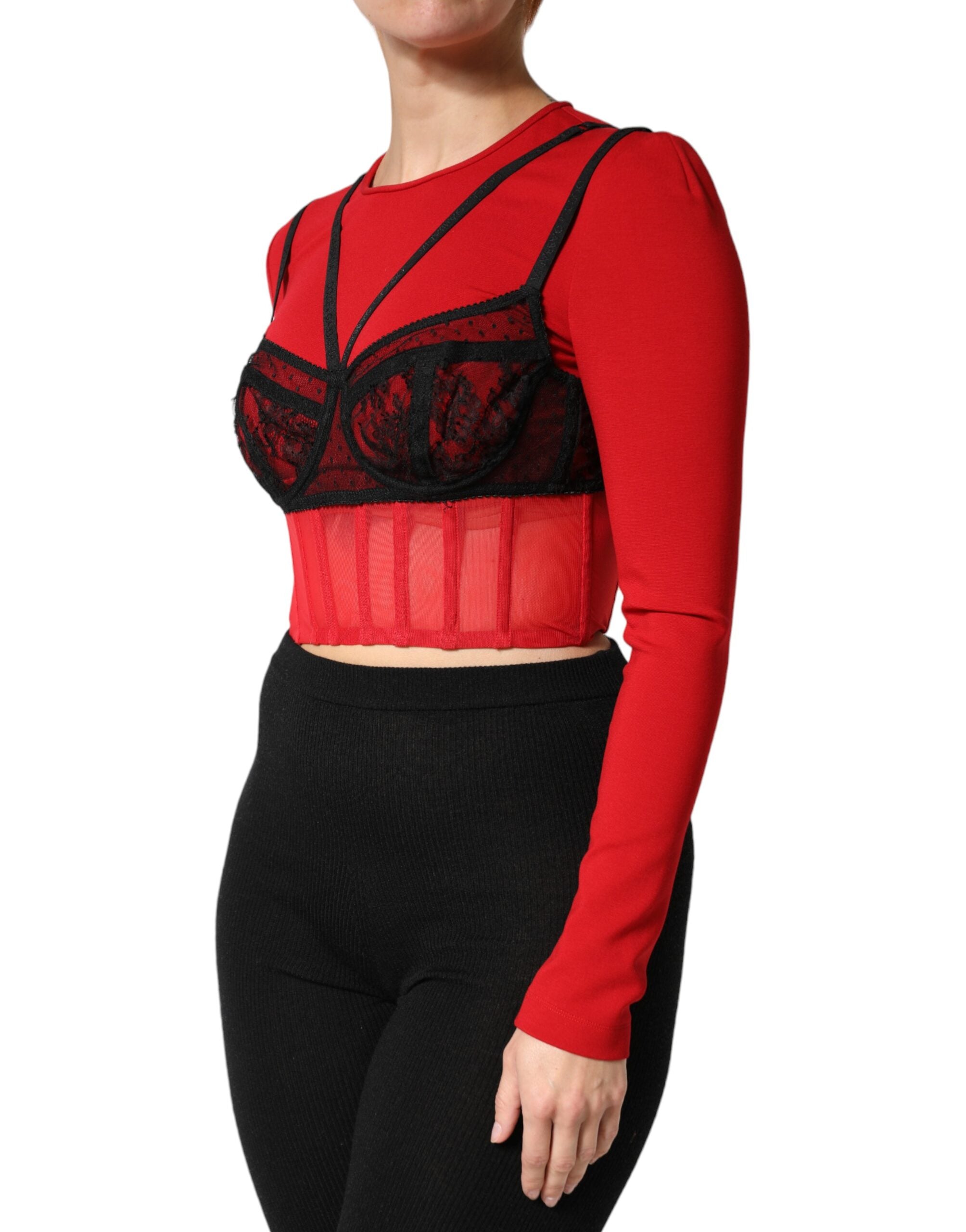 Dolce & Gabbana Red Black Nylon Bralette-Style Cropped Women's Top