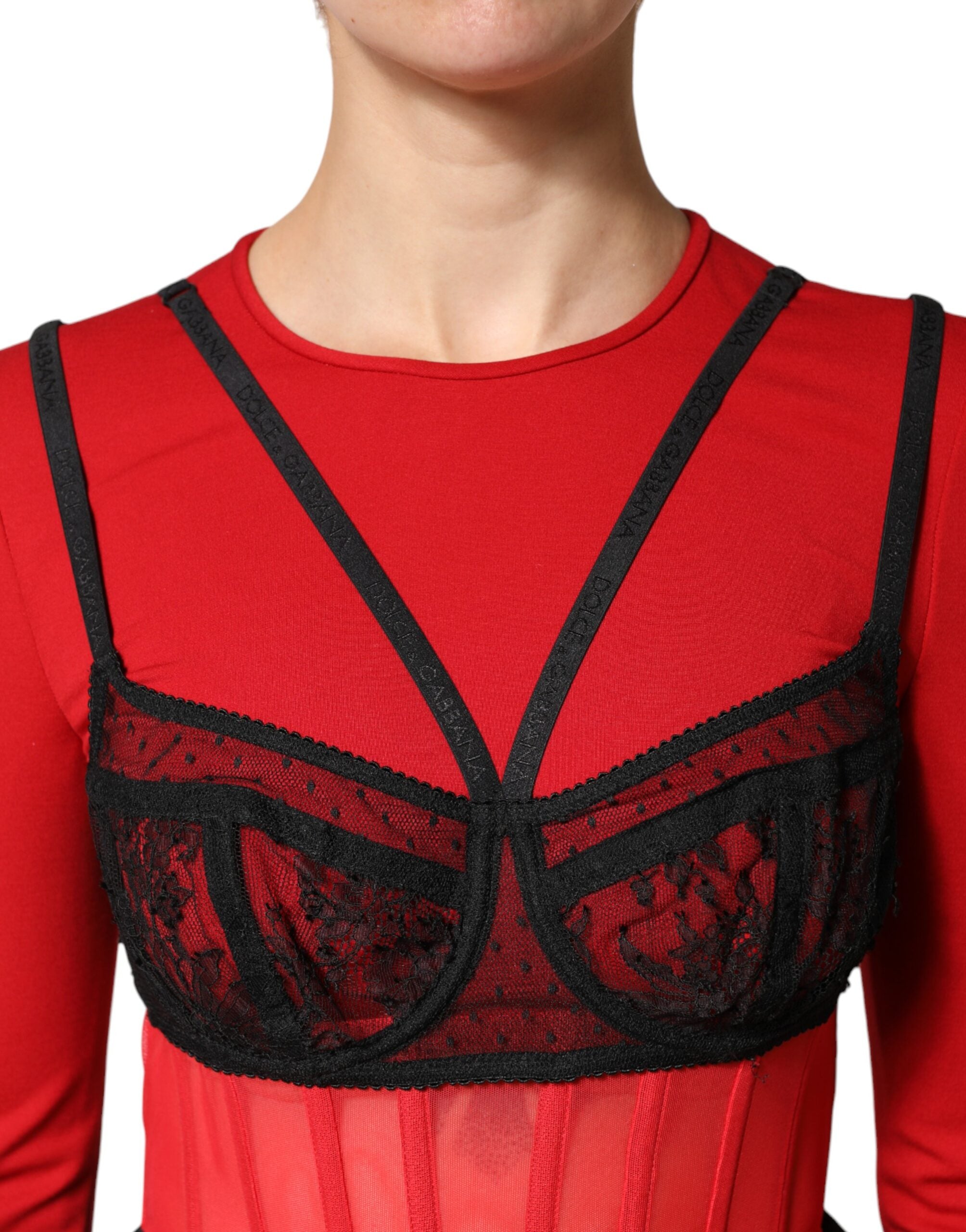 Dolce & Gabbana Red Black Nylon Bralette-Style Cropped Women's Top