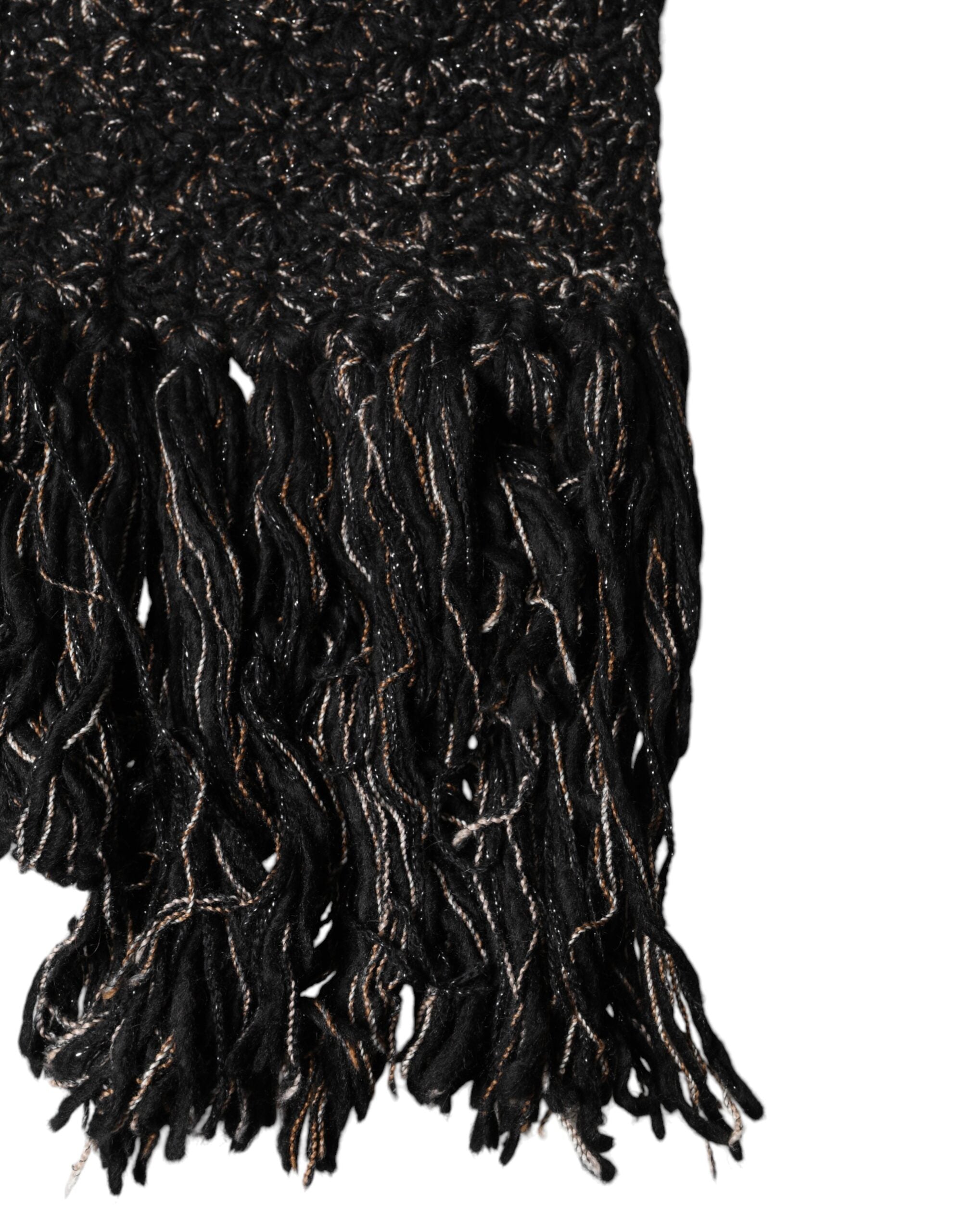 Dolce & Gabbana Black Wool Fringes Neck Wrap Foulard Men's Scarf