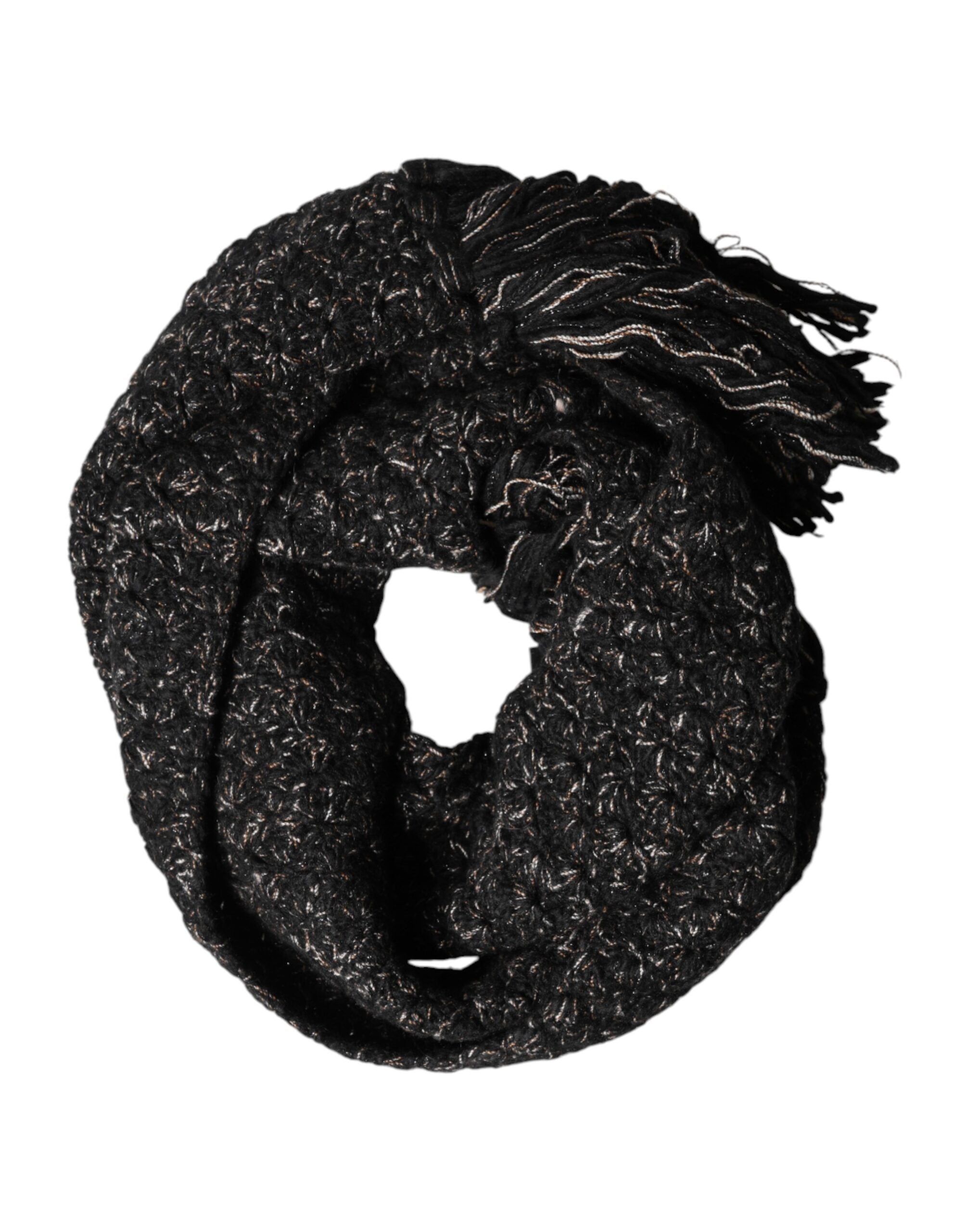 Dolce & Gabbana Black Wool Fringes Neck Wrap Foulard Men's Scarf