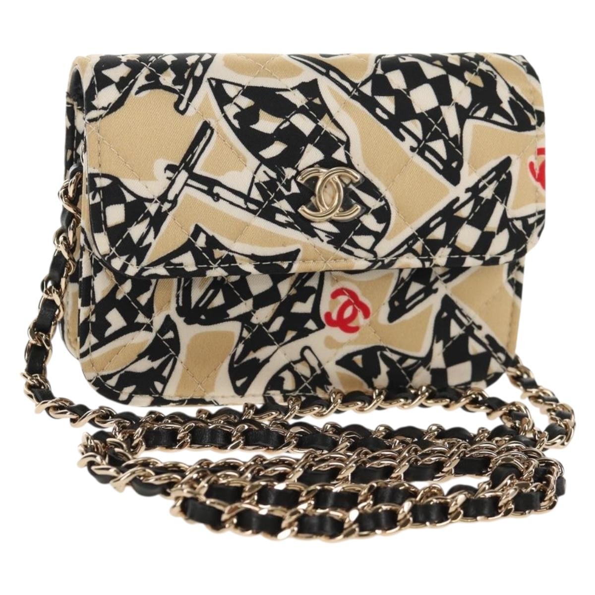 Chanel Flap Card Holder On Chain Quilted Printed Canvas Beige Satin Shoulder Bag Bag (Pre-Owned)