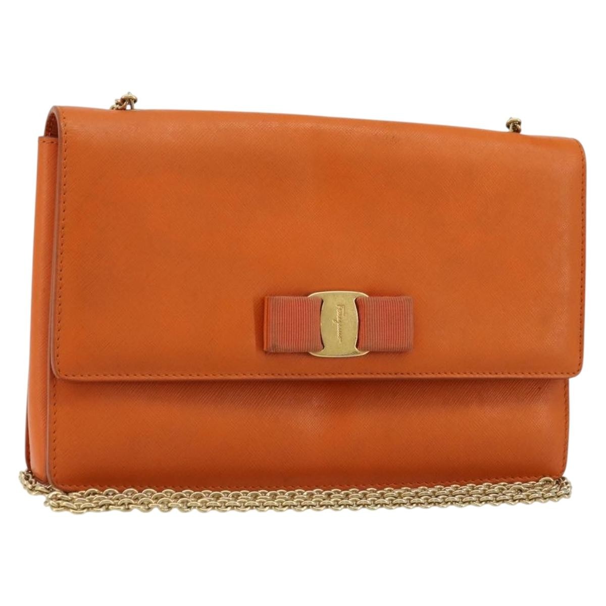 Salvatore Ferragamo Vara Bow Chain Clutch Leather Orange Leather Shoulder Bag Bag (Pre-Owned)