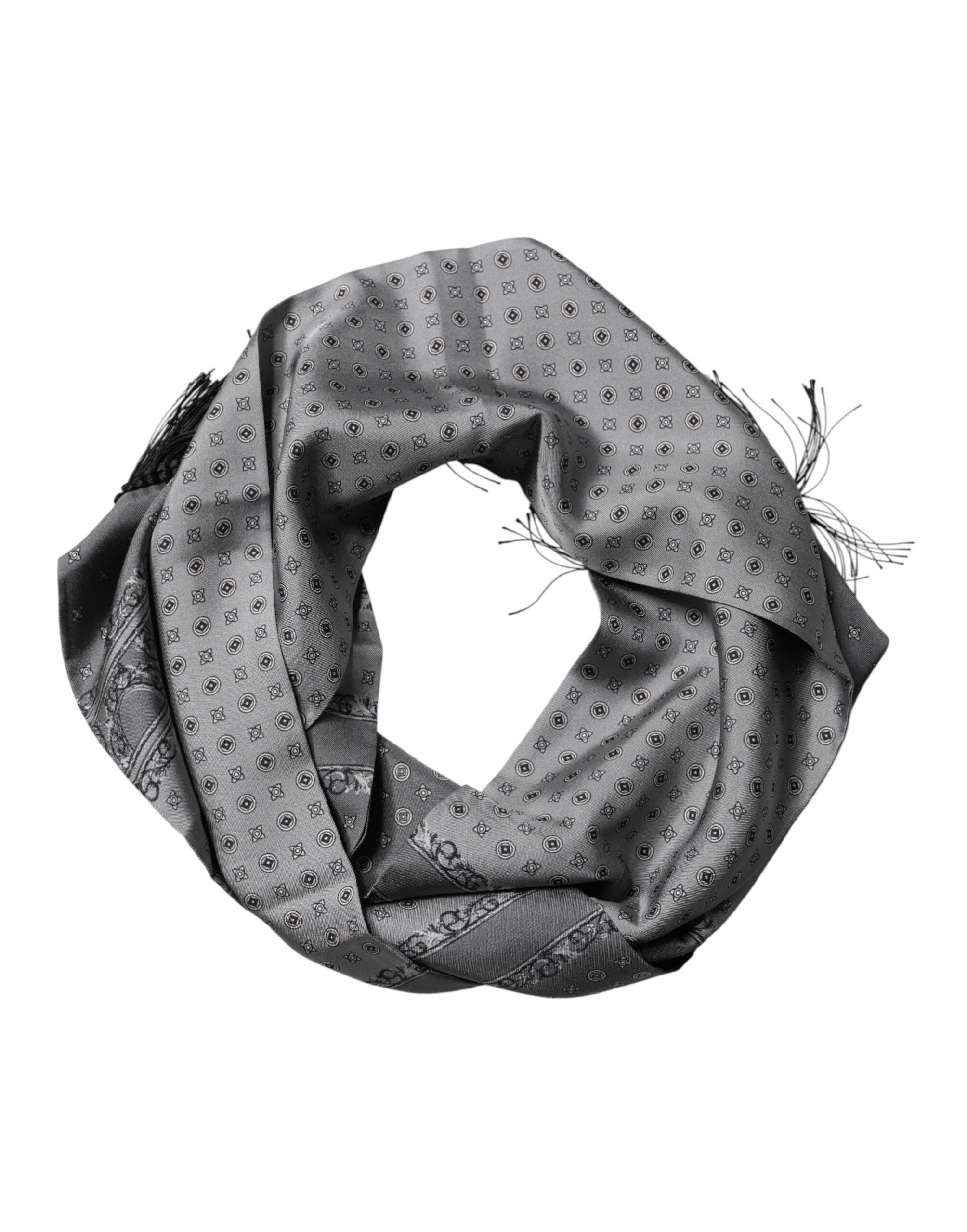 Dolce & Gabbana Gray Patterned Fringes Neck Foulard Men's Scarf