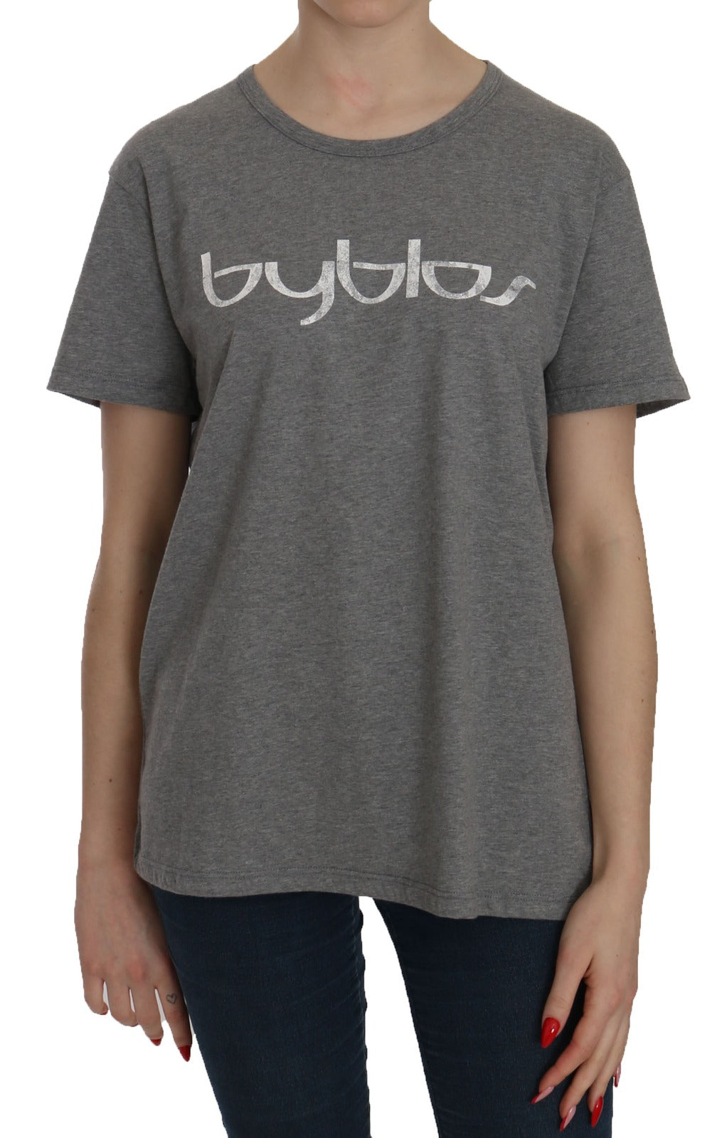 BYBLOS Cotton Grey Short Sleeve Round Neck Top T-shirt Women's Blouse