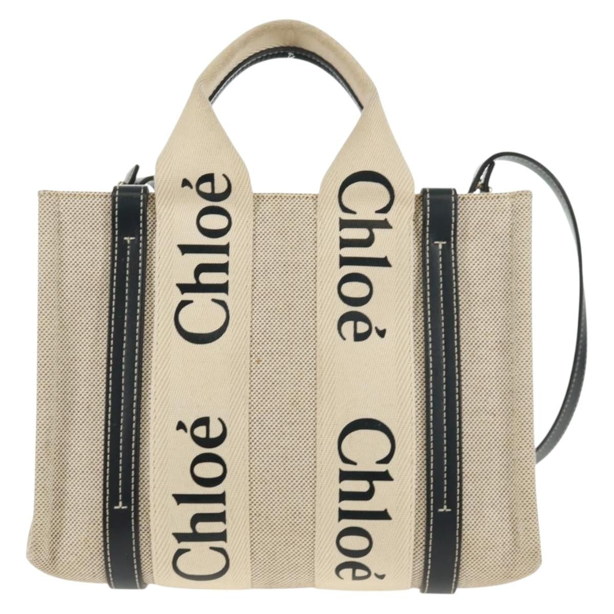 Chloe Woody Convertible Canvas With Leather Beige Canvas Tote Bag Bag (Pre-Owned)