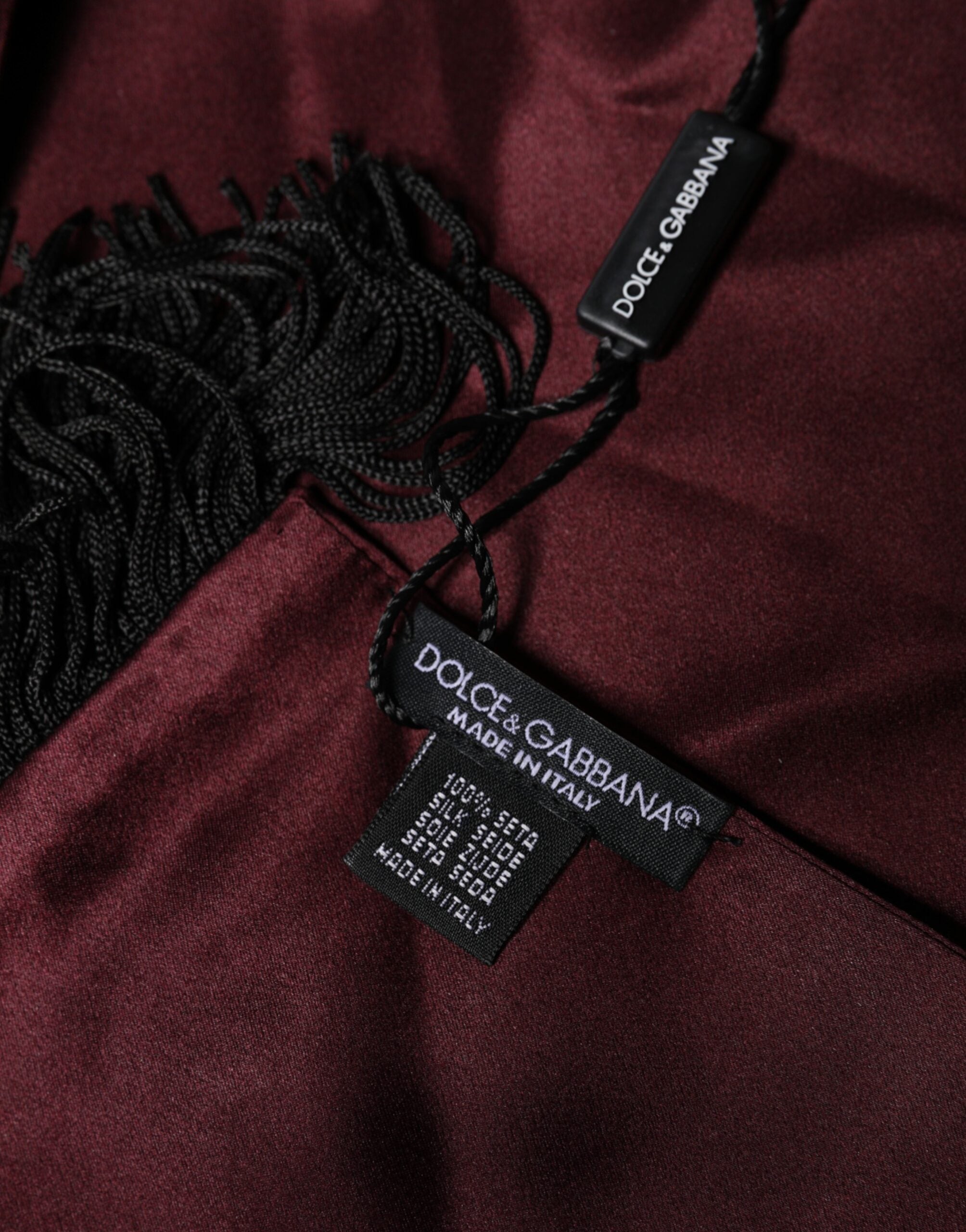 Dolce & Gabbana Maroon Silk Satin Fringes Neck Foulard Men's Scarf