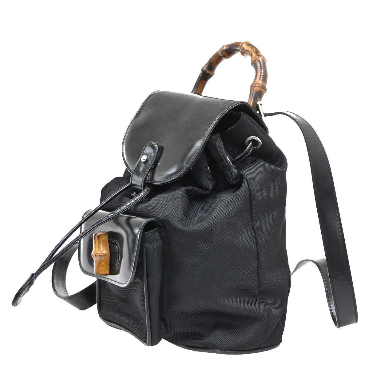Gucci Vintage Bamboo Nylon And Patent Leather Black Nylon Backpack Bag (Pre-Owned)