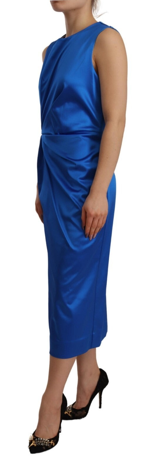 Parosh Acetate Royal Blue Roundneck Sleeveless Sheath Midi Women's Dress (Pre-Owned)