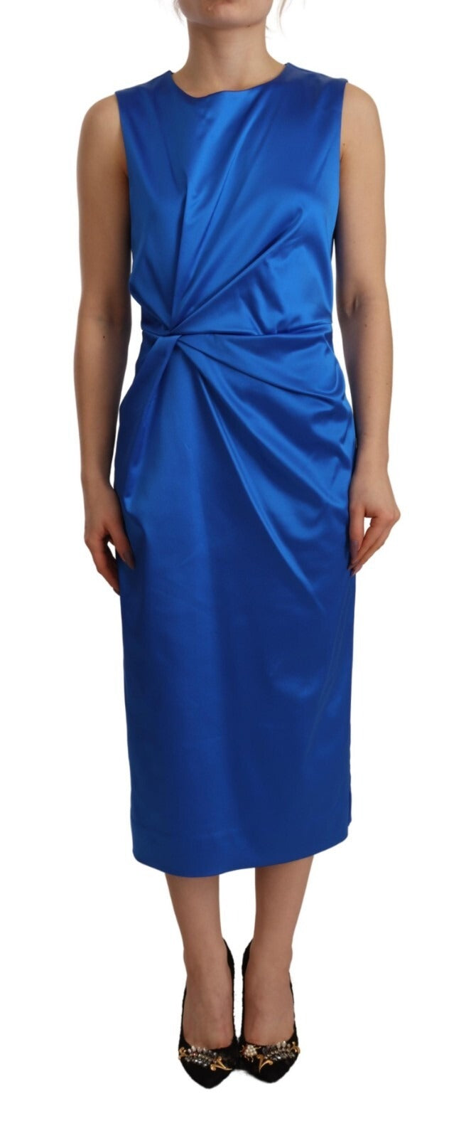 Parosh Acetate Royal Blue Roundneck Sleeveless Sheath Midi Women's Dress (Pre-Owned)