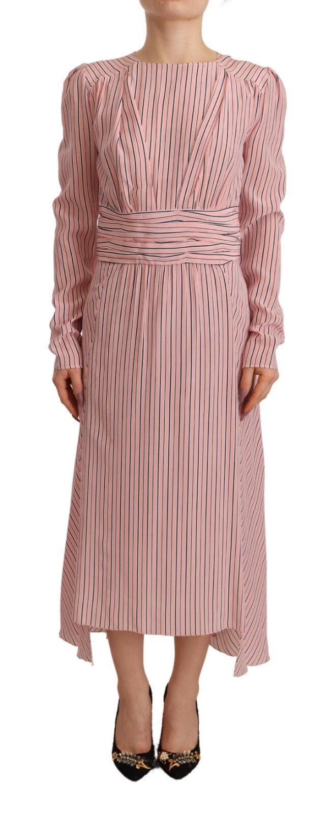 Ermanno Scervino Pink Stripes Long Sleeves Sheath Midi Women's Dress (Pre-Owned)