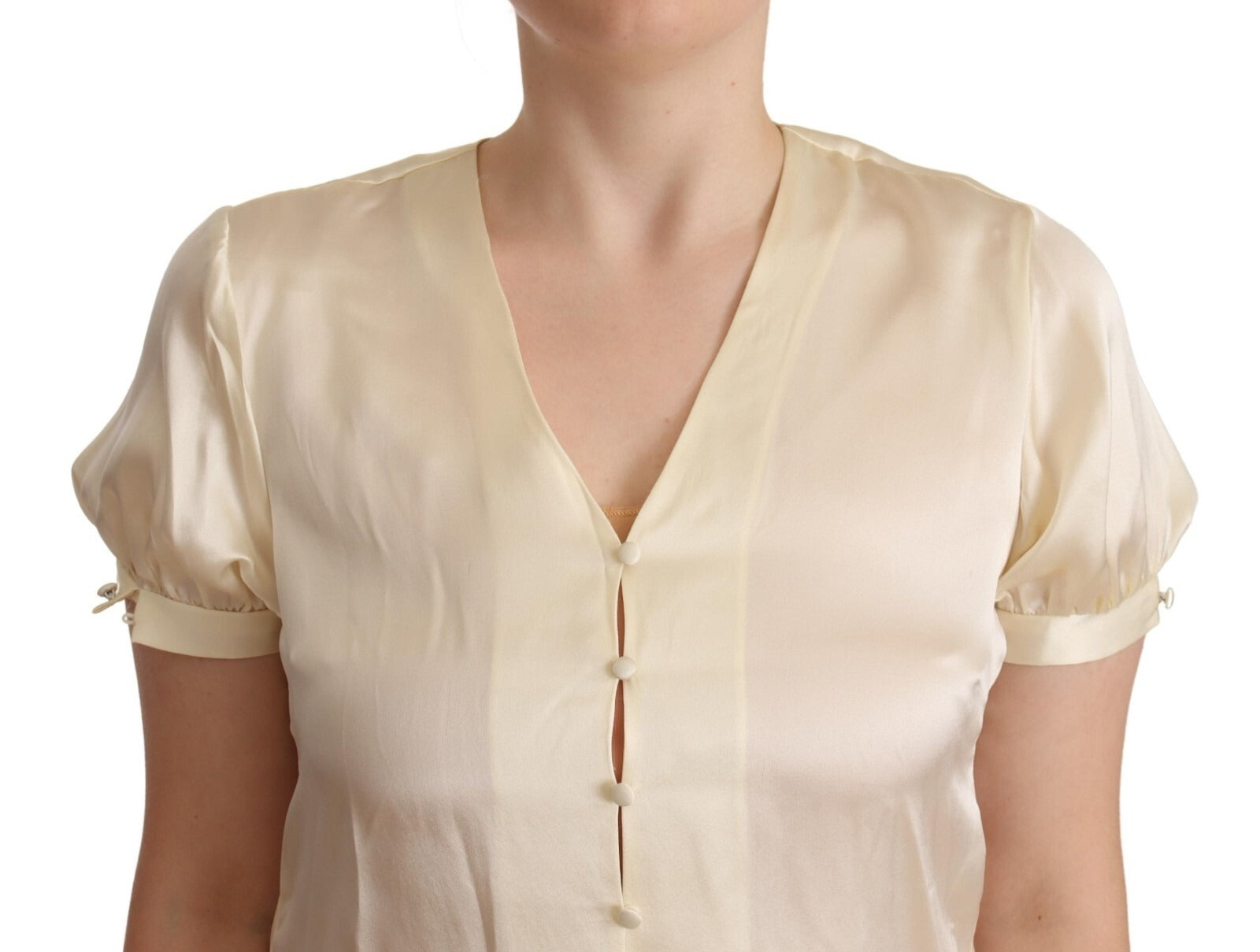 L'Autre Chose Blouse Off White Silk Short Sleeves V-neck Women's Top (Pre-Owned)