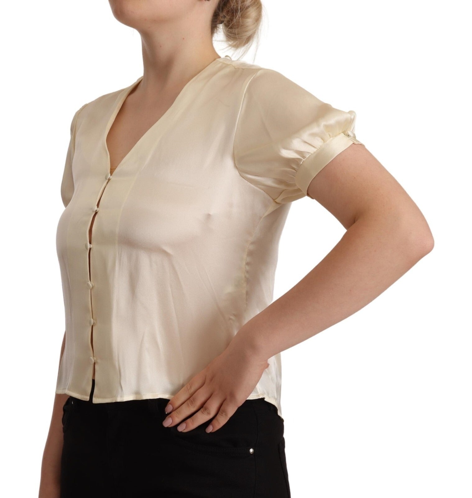 L'Autre Chose Blouse Off White Silk Short Sleeves V-neck Women's Top (Pre-Owned)