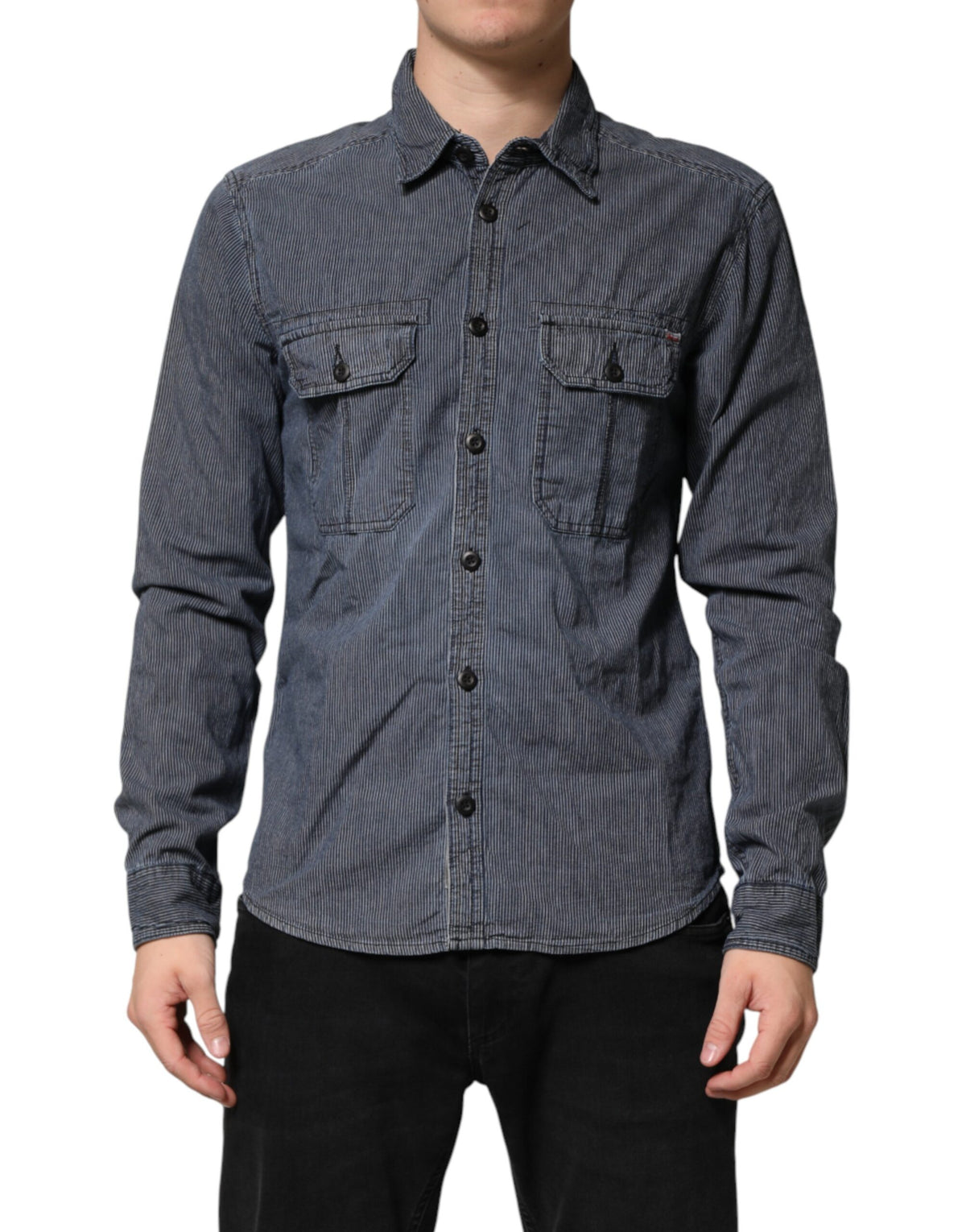 Jack & Jones Blue White Button Down Long Sleeves Men Denim Men's Shirt