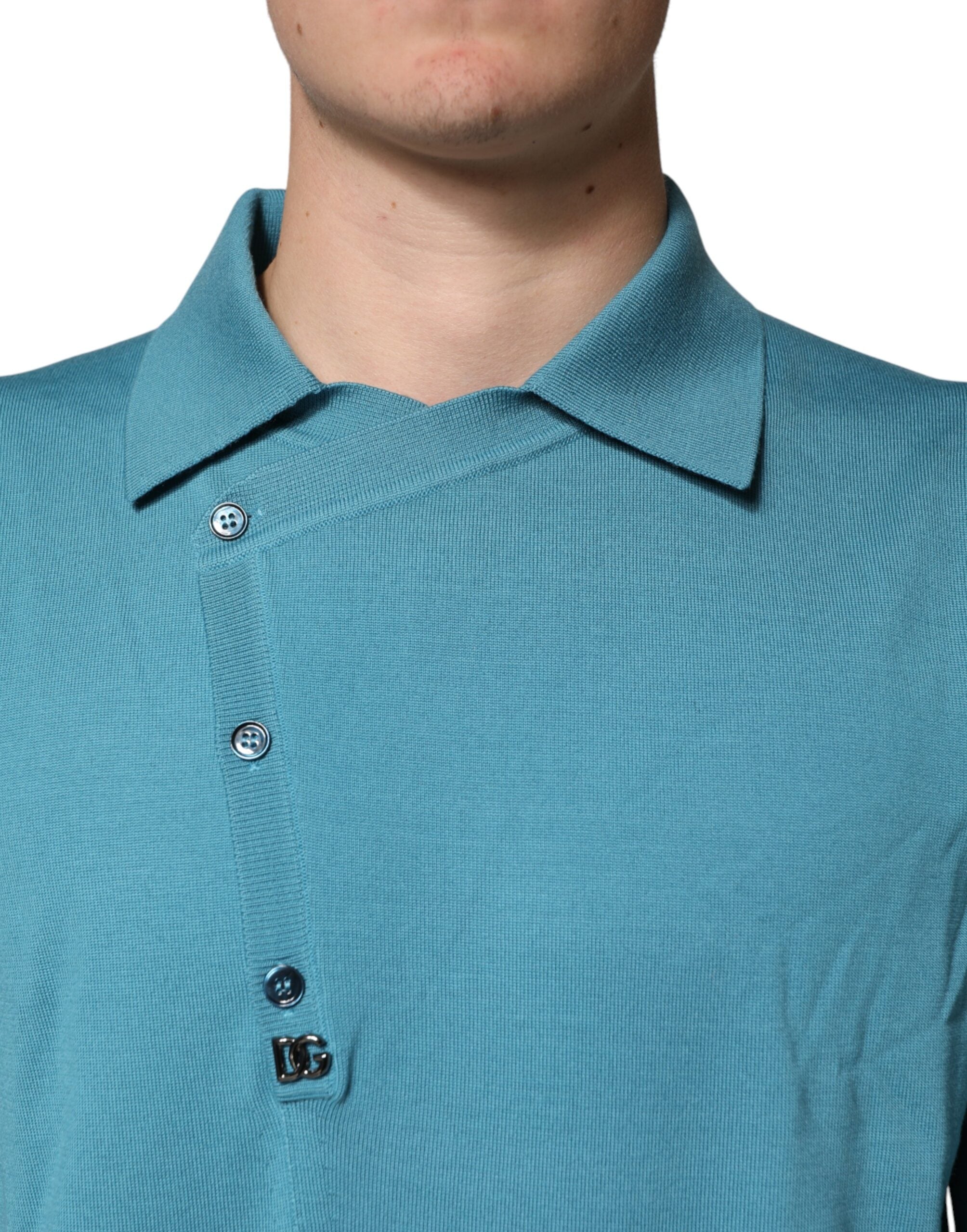 Dolce & Gabbana Teal Wool Collared Polo Pullover Men's Sweater