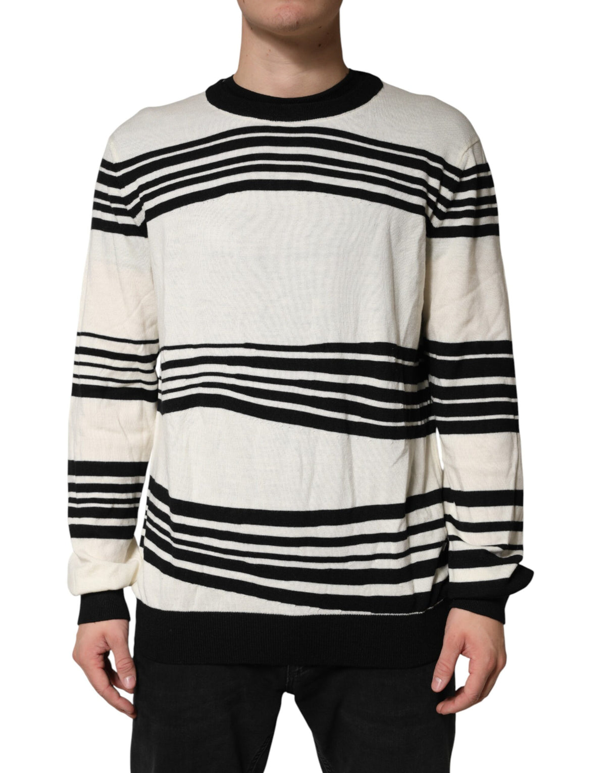 Dolce & Gabbana Black White Stripe CrewNeck Pullover Men's Sweater